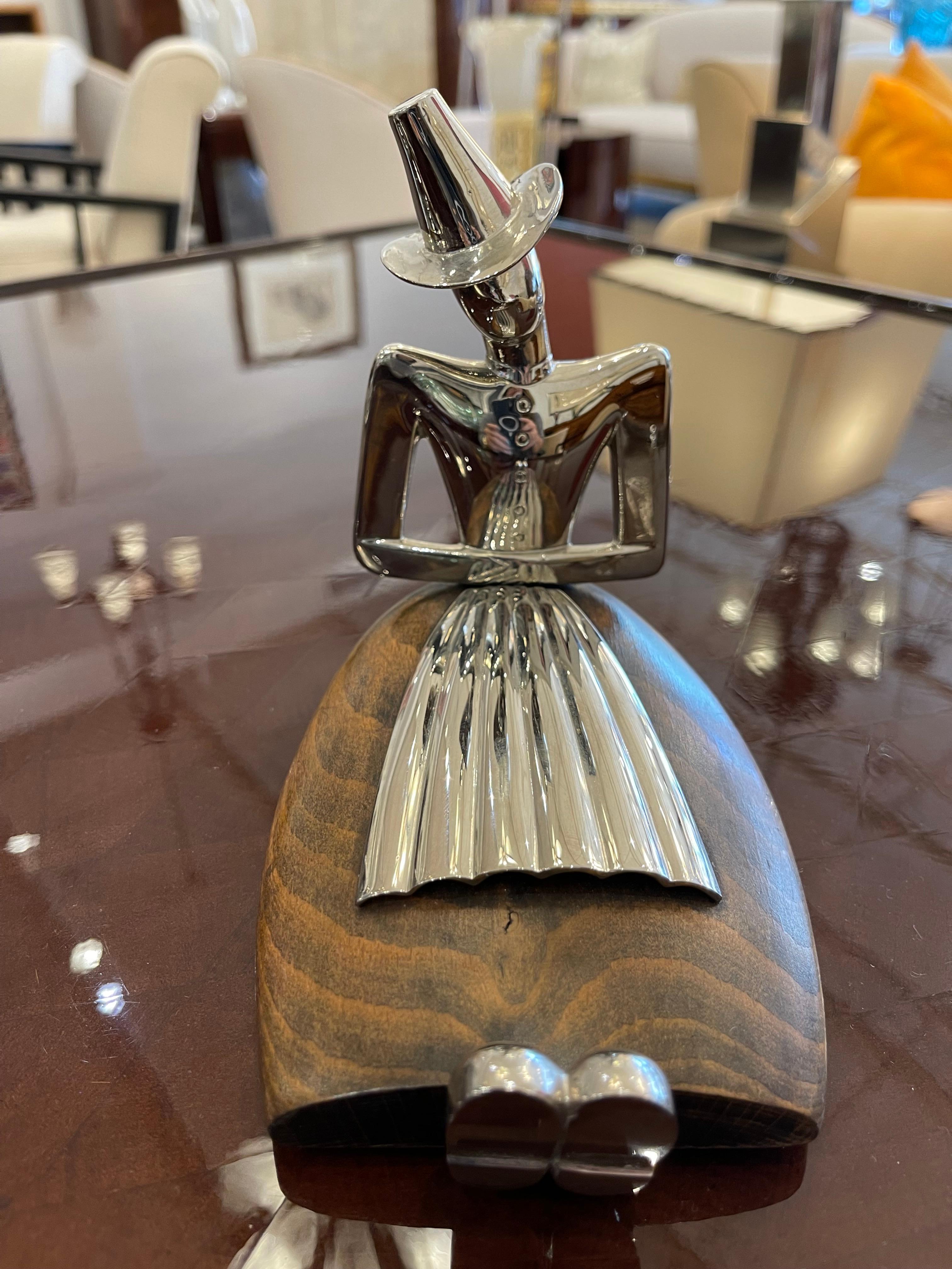 Art Deco pair bookends by the Austrian artist Hagenauer depicting two female figures in native costume made of rosewood and Nickel Platted metal.
Made in Austria. Circa: 1926
Signature: 