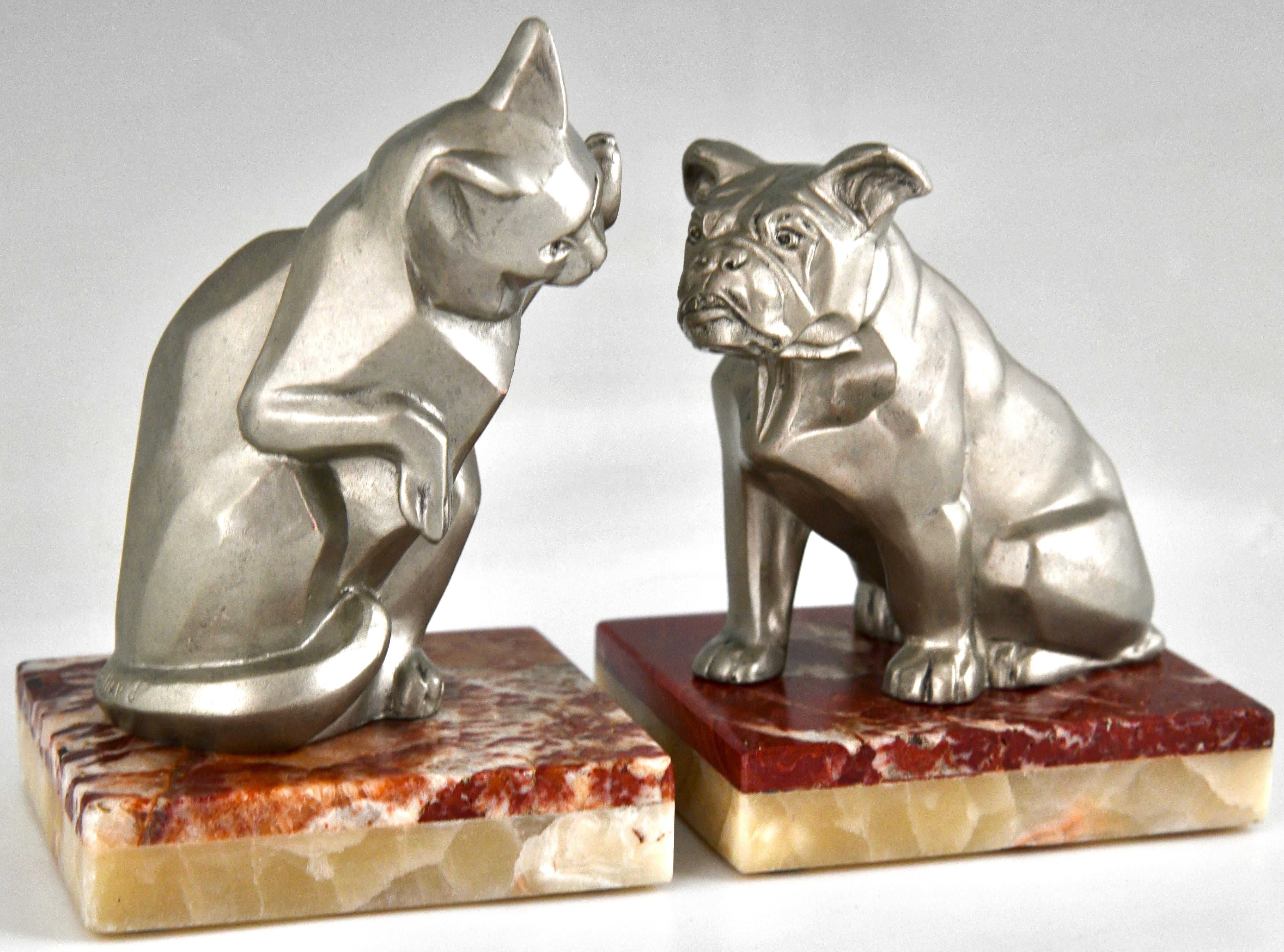 Art Deco Bookends Cat and Bulldog Signed by Irenée Rochard, 1930 3