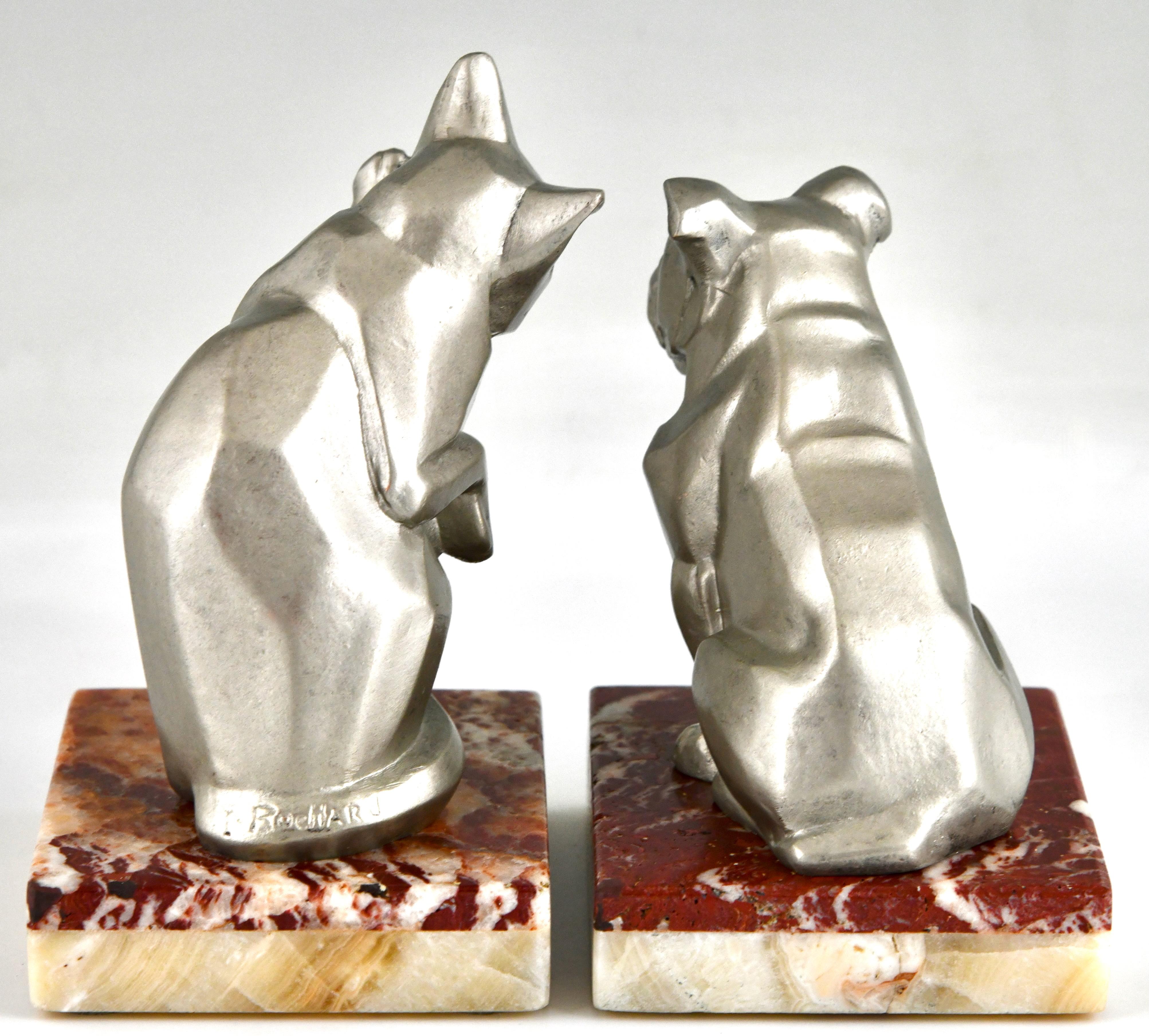 French Art Deco Bookends Cat and Bulldog Signed by Irenée Rochard, 1930 For Sale