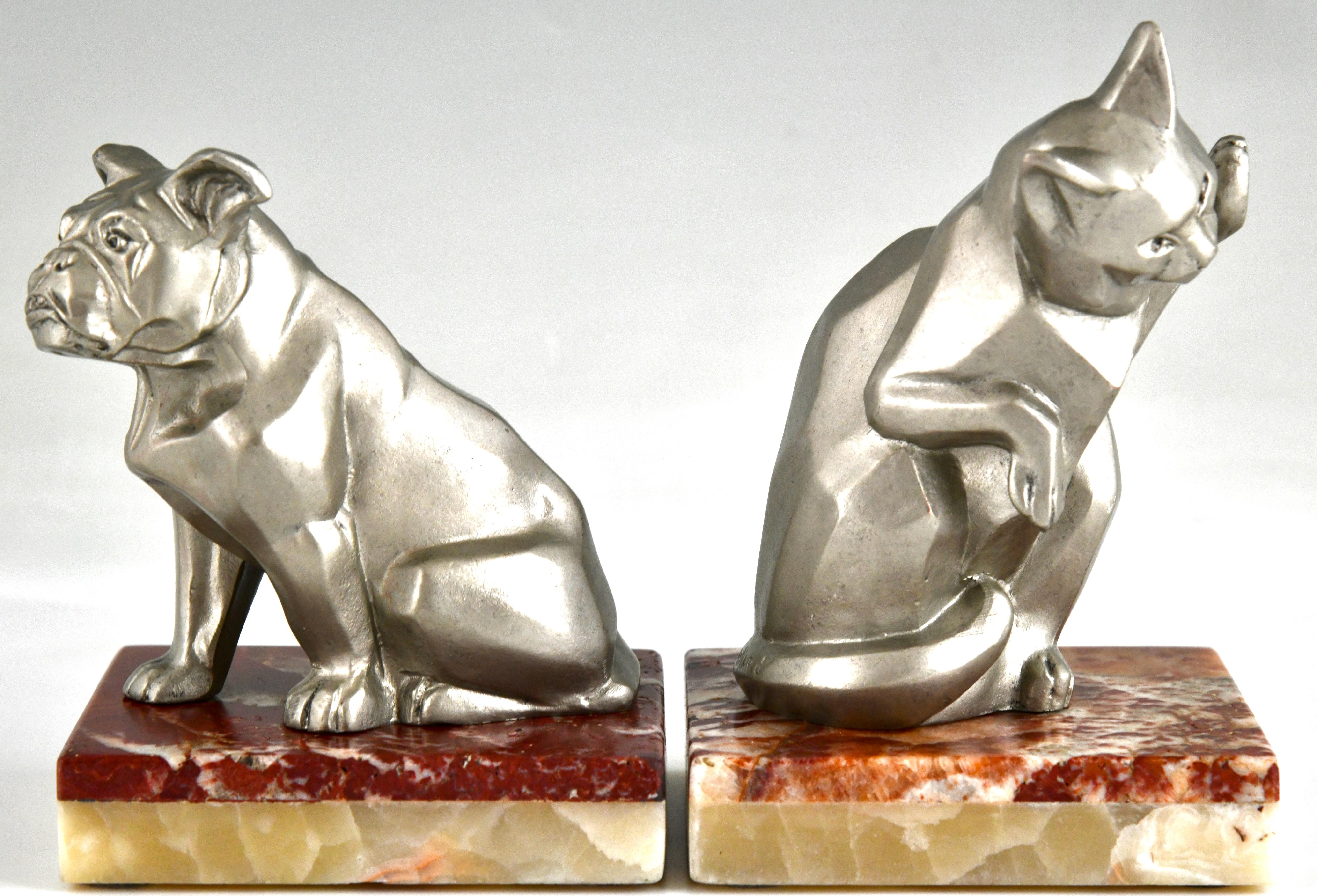 Patinated Art Deco Bookends Cat and Bulldog Signed by Irenée Rochard, 1930