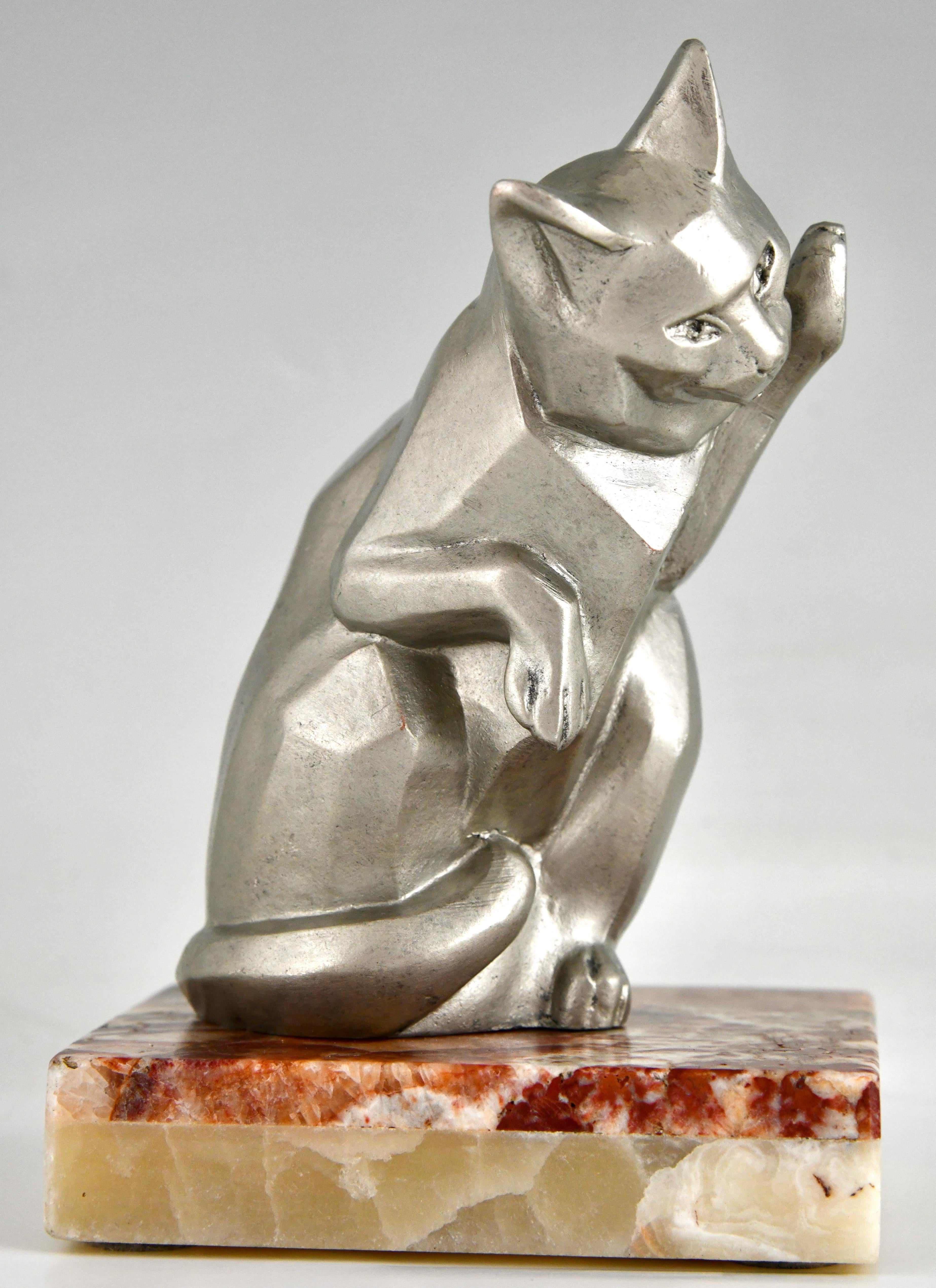 Metal Art Deco Bookends Cat and Bulldog Signed by Irenée Rochard, 1930