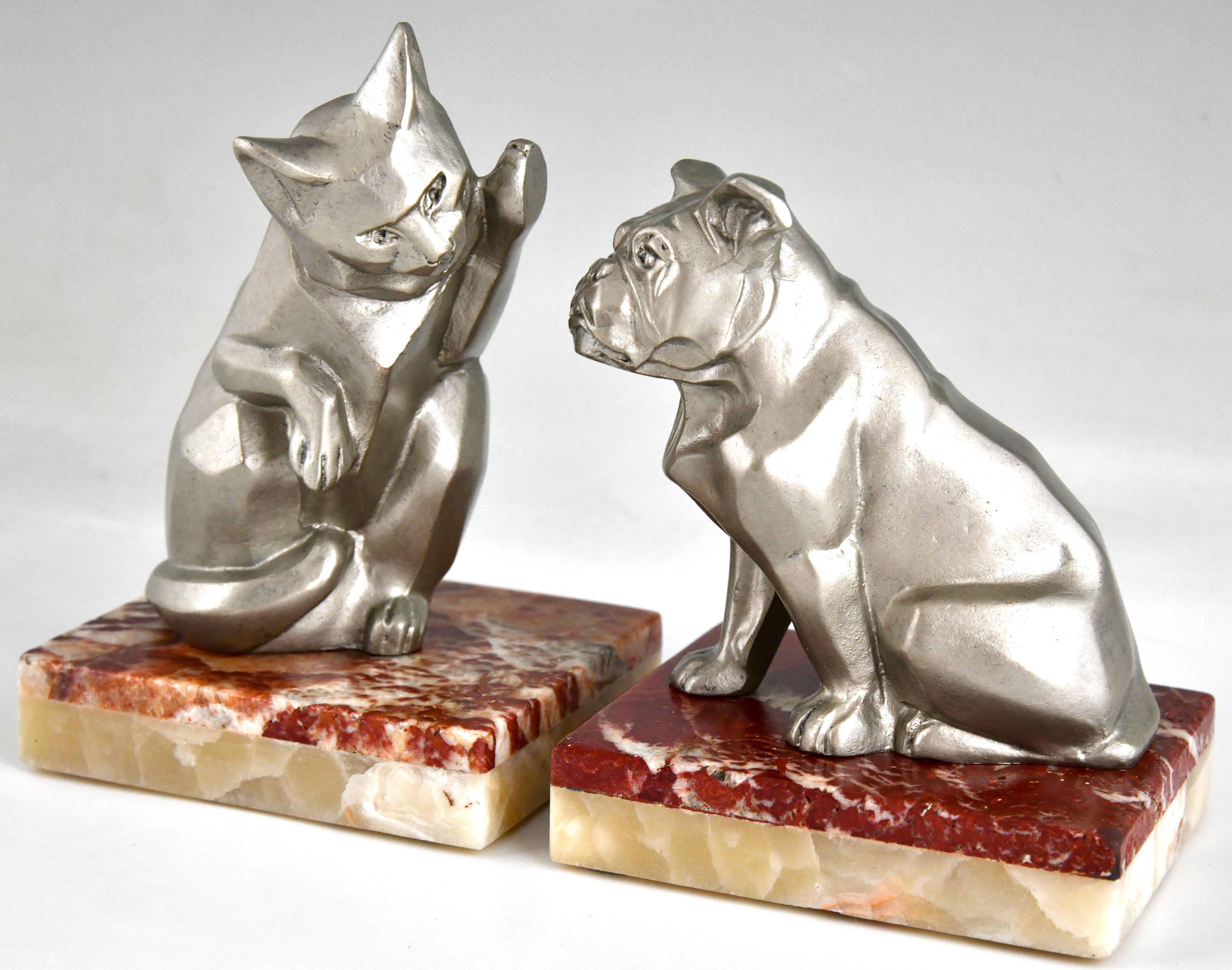 Art Deco Bookends Cat and Bulldog Signed by Irenée Rochard, 1930 2