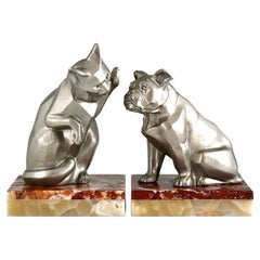 Vintage Art Deco Bookends Cat and Bulldog Signed by Irenée Rochard, 1930