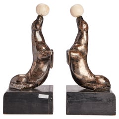 Art Déco Bookends, Depicting Two Seals Playing with a Ball, Italy, 1930