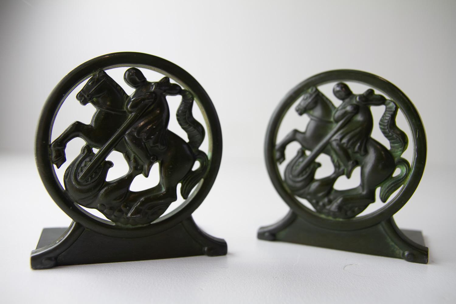 Patinated Art Deco Bookends in Disko Metal by Just Andersen, 1930s. Set of 2. For Sale