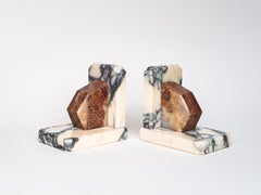 Art Deco Bookends in White Marble and Brown Onyx, Mid-Century Modern