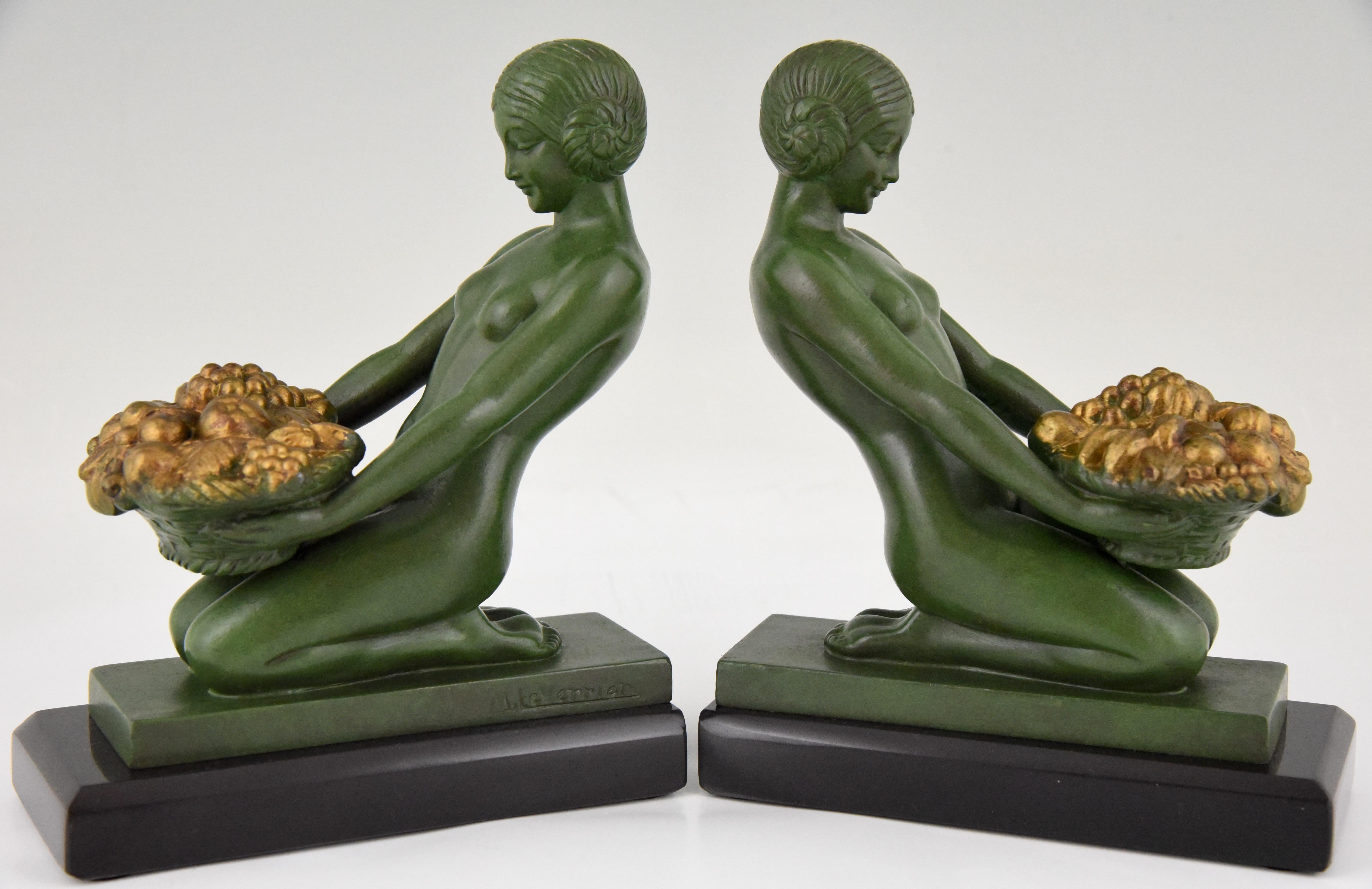 French Art Deco Bookends Kneeling Nude with Basket by Max Le Verrier France 1930
