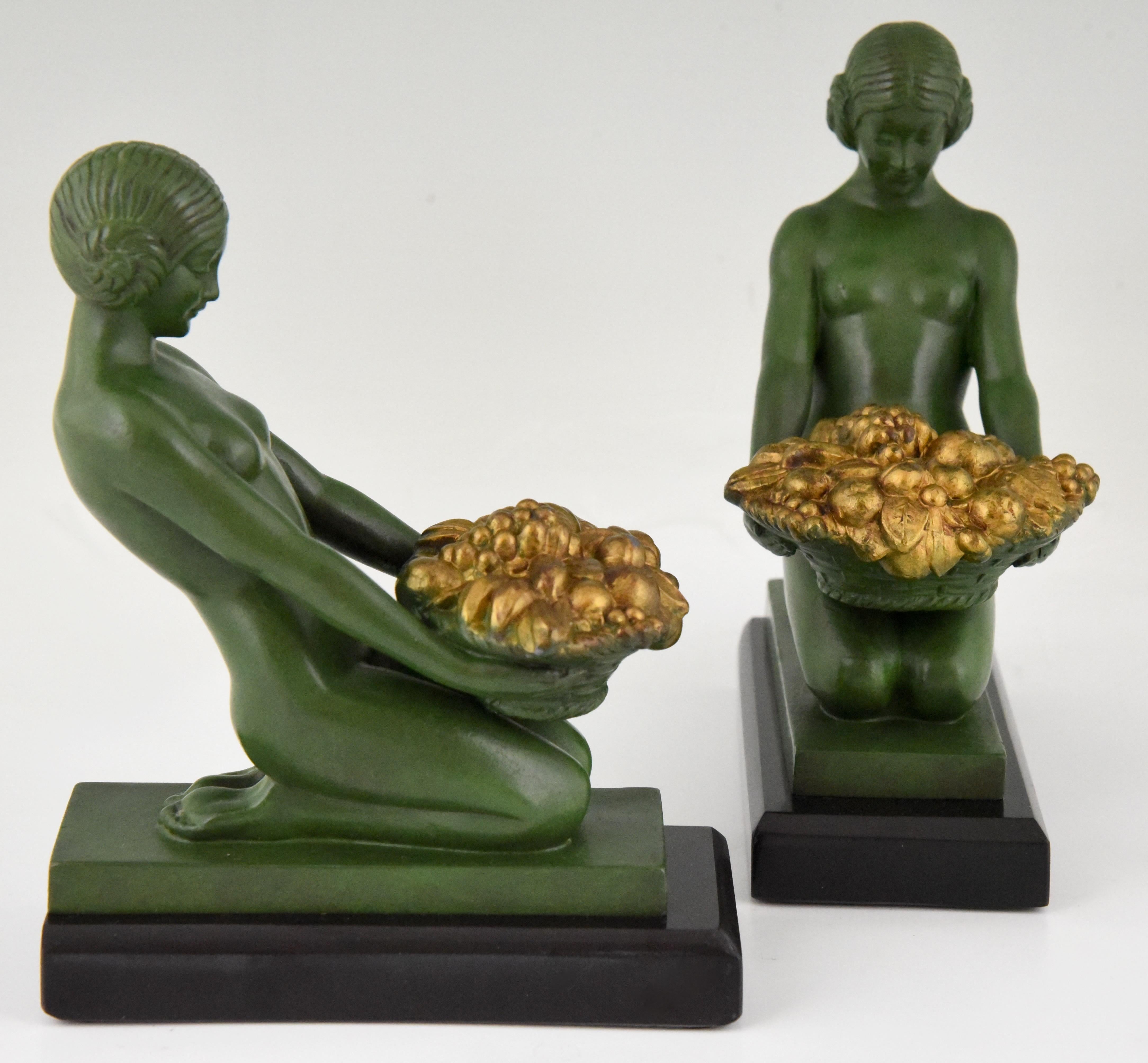 Art Deco Bookends Kneeling Nude with Basket by Max Le Verrier France 1930 2