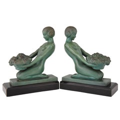 Art Deco Bookends Kneeling Nudes with Baskets by Max Le Verrier