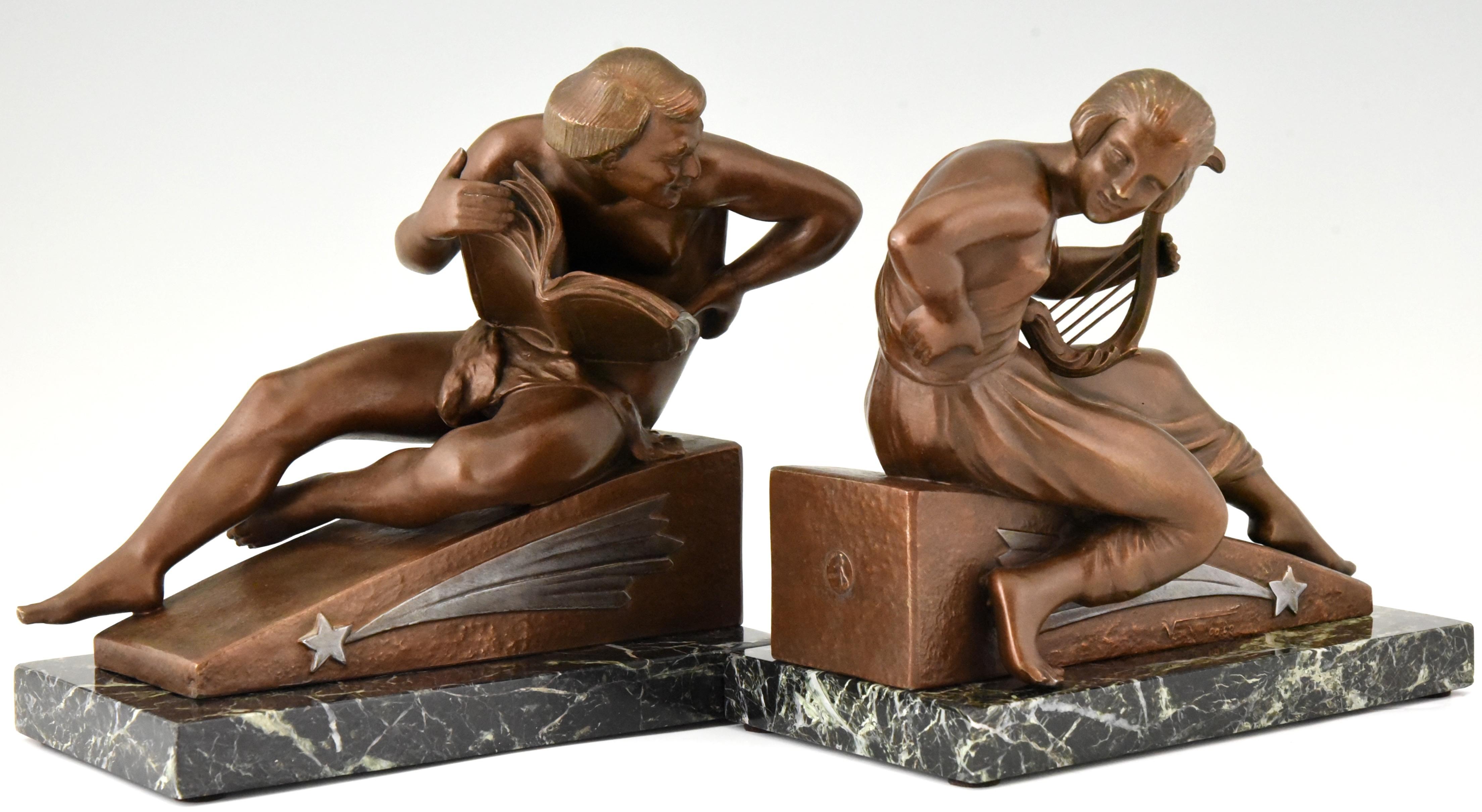 Art Deco Bookends Man with Music Book and Woman with Lyre Georges Van de Voorde  1