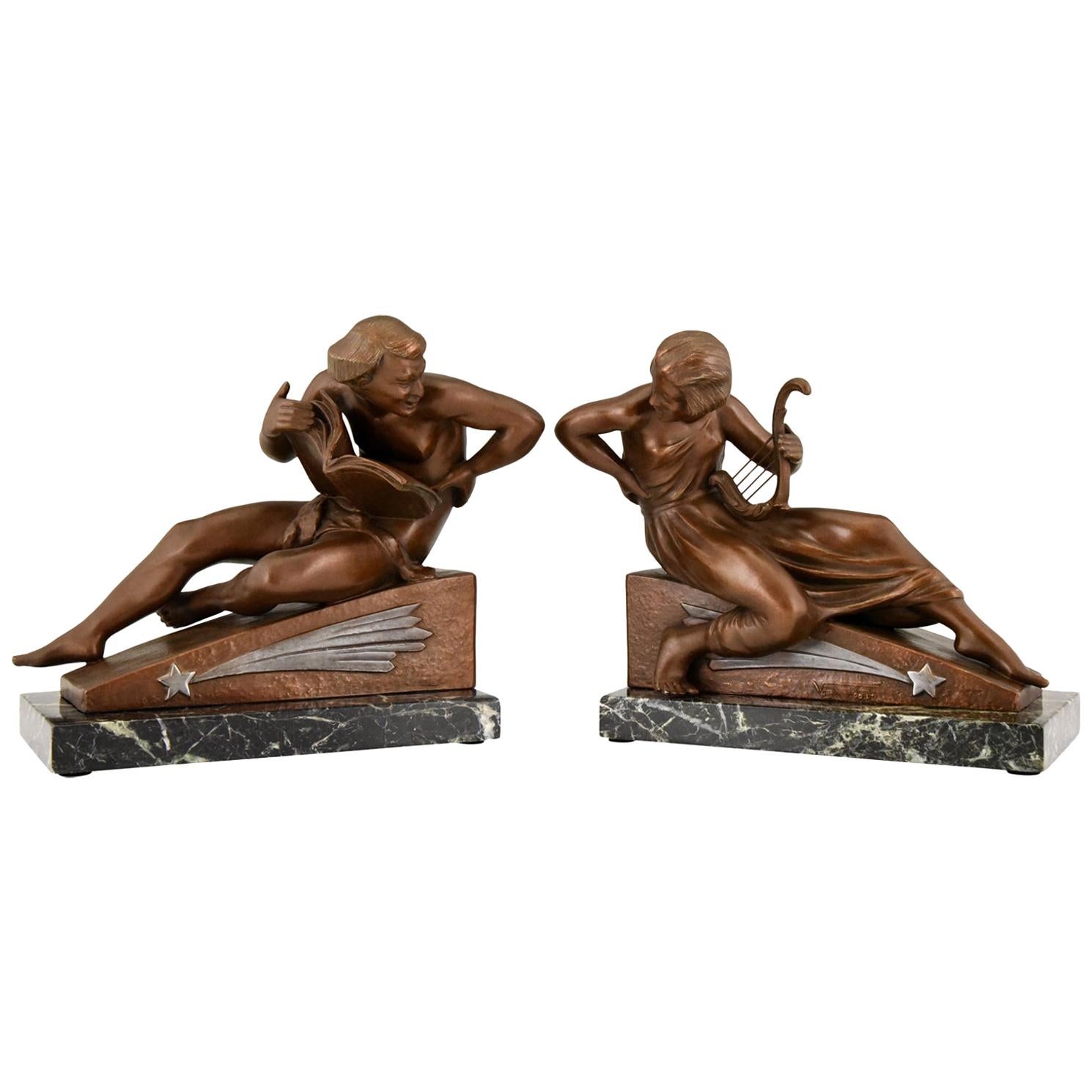 Art Deco Bookends Man with Music Book and Woman with Lyre Georges Van de Voorde 