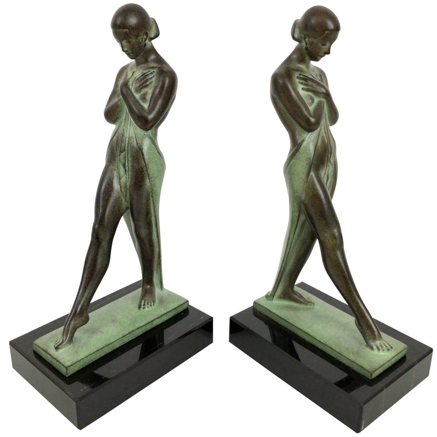 Art Deco Bookends, Meditation by Fayral, Original Max Le Verrier
