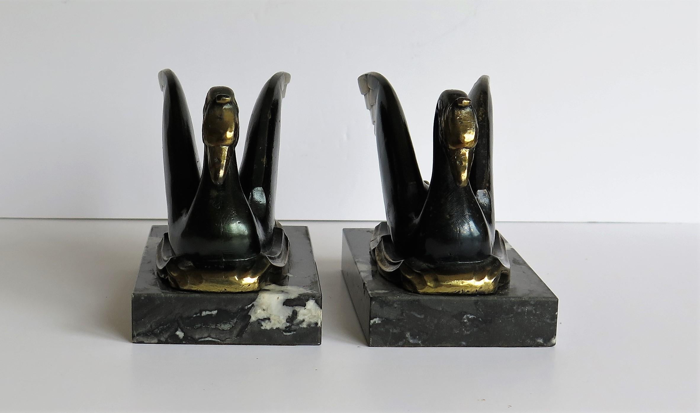 Art Deco Bookends Metal Cold Painted Swans on Marble Bases, French circa 1930 5