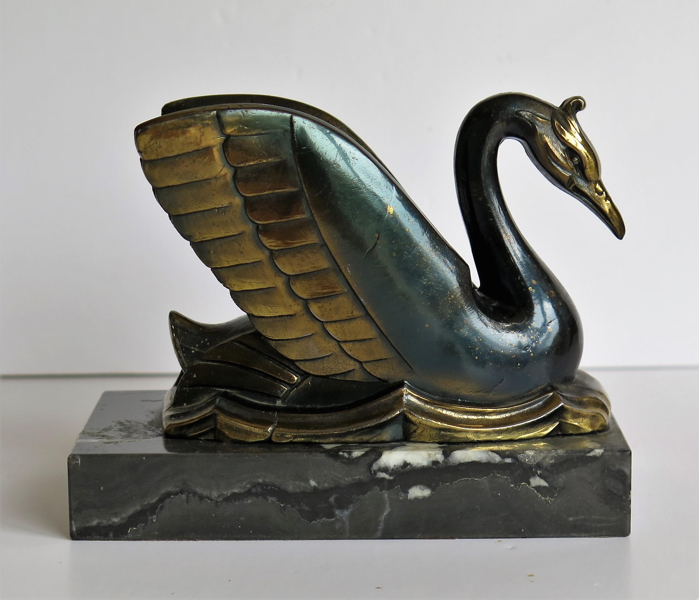 Art Deco Bookends Metal Cold Painted Swans on Marble Bases, French circa 1930 7