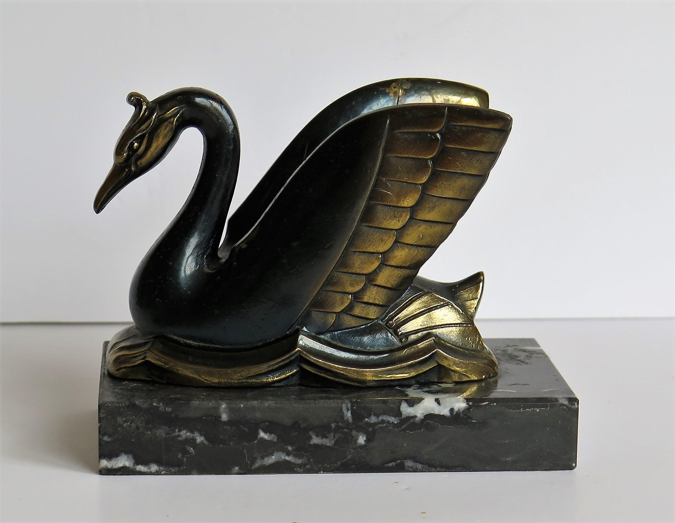 Art Deco Bookends Metal Cold Painted Swans on Marble Bases, French circa 1930 8