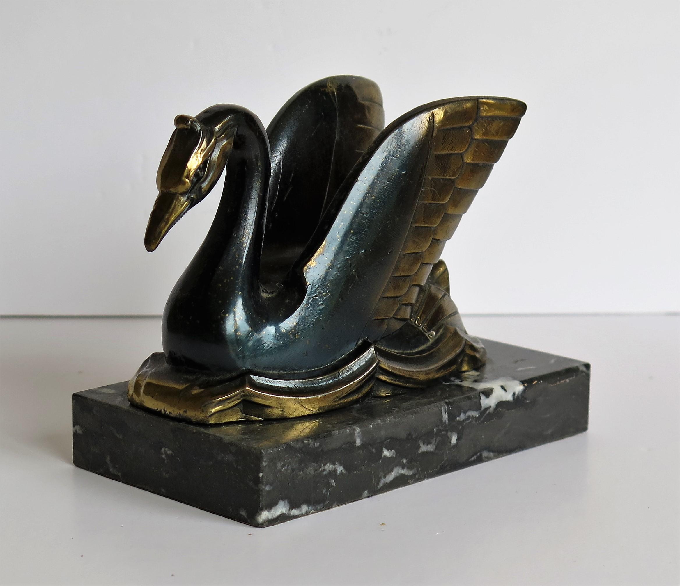 Art Deco Bookends Metal Cold Painted Swans on Marble Bases, French circa 1930 9