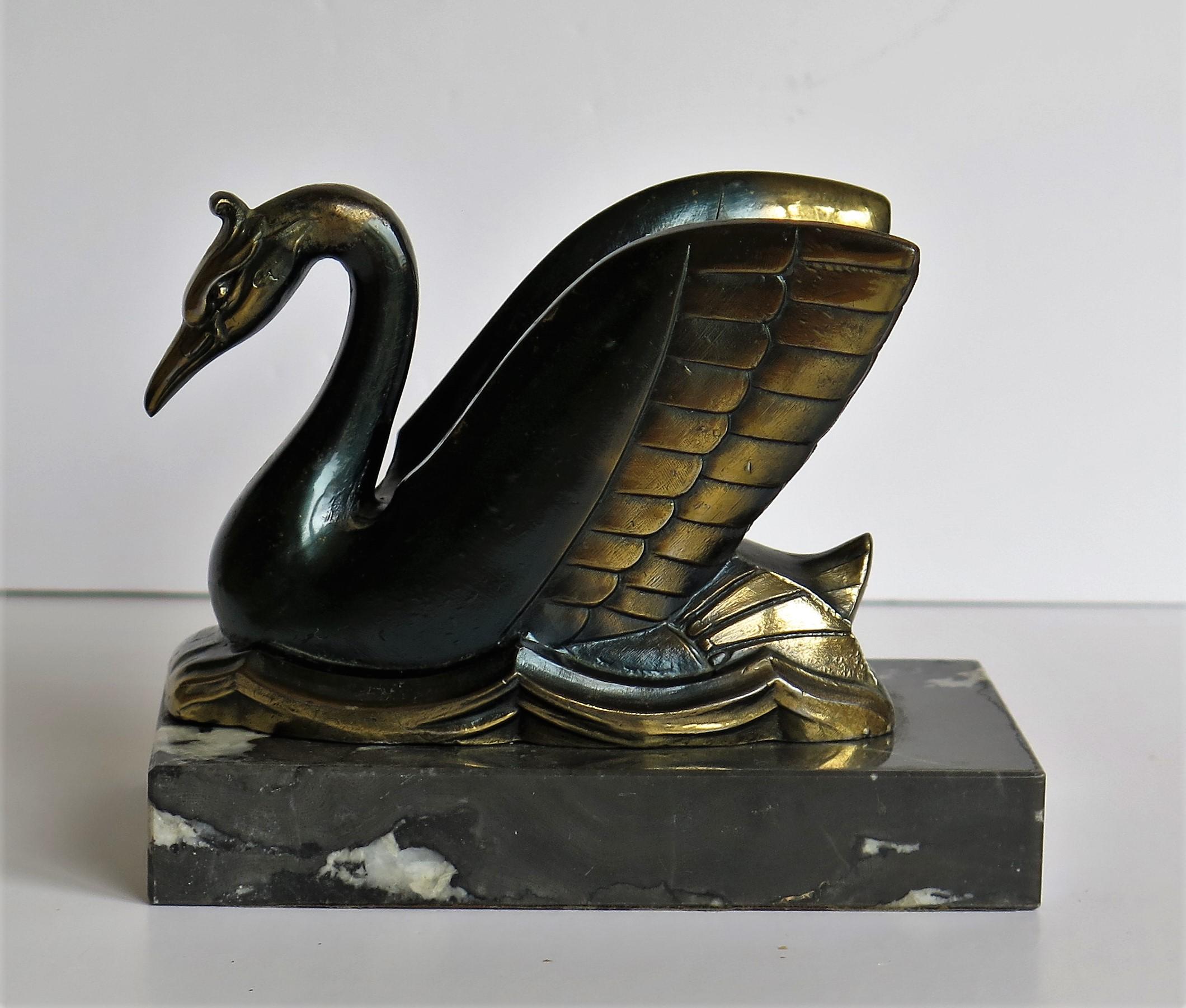 Art Deco Bookends Metal Cold Painted Swans on Marble Bases, French circa 1930 10