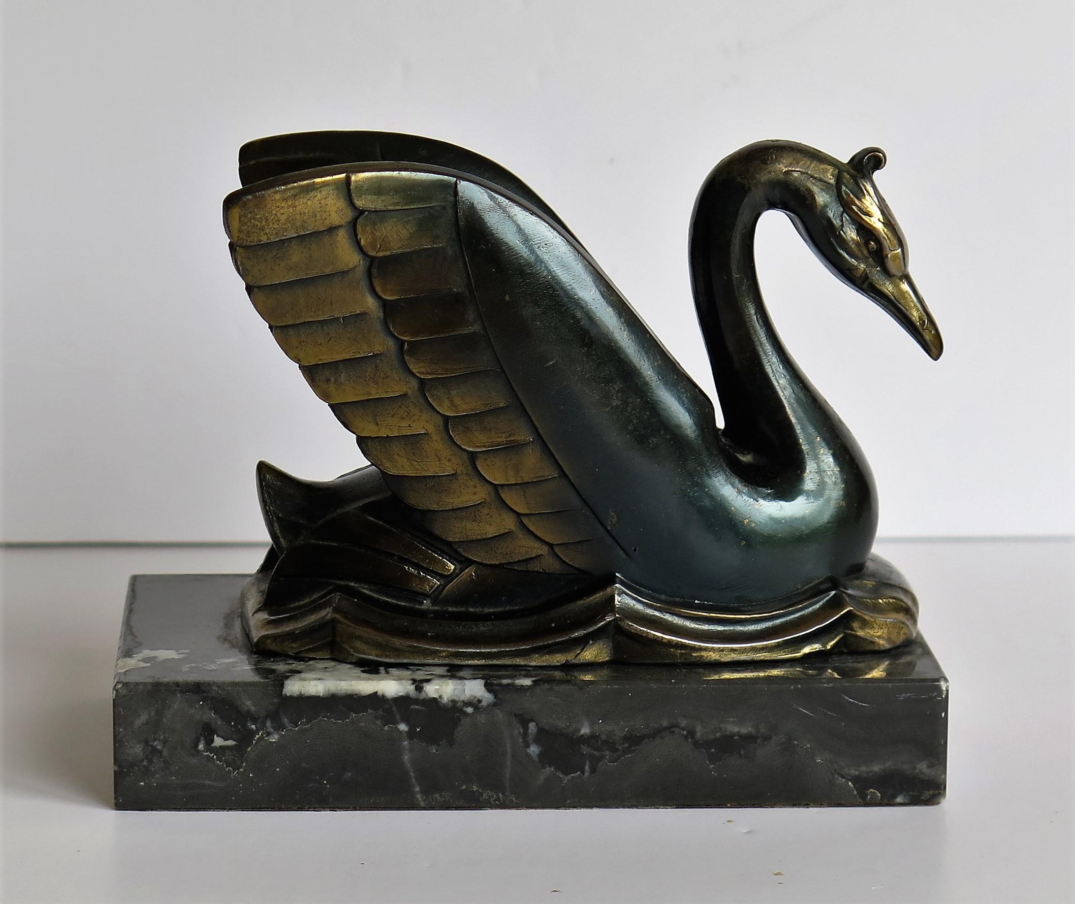 Art Deco Bookends Metal Cold Painted Swans on Marble Bases, French circa 1930 11