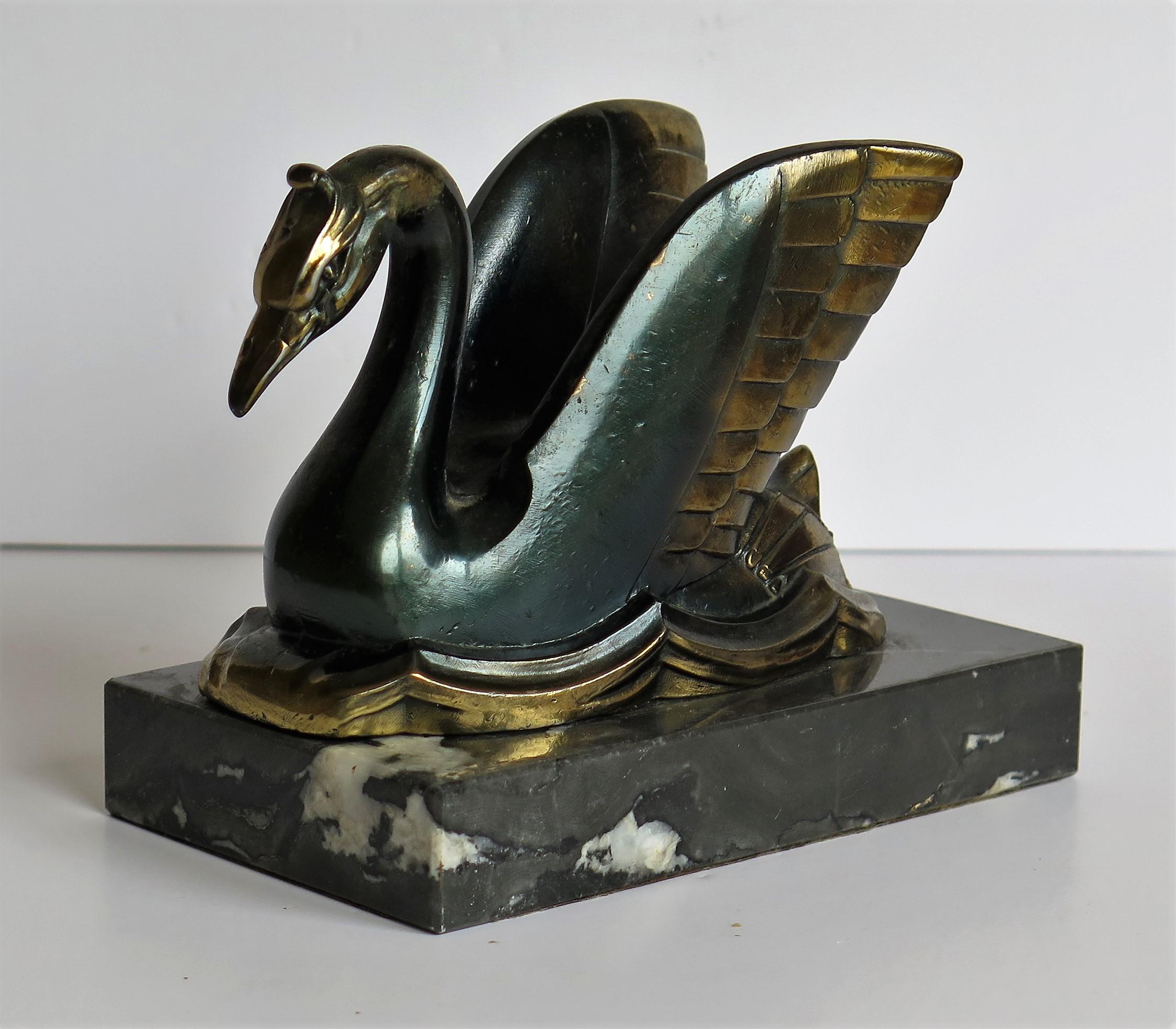 Art Deco Bookends Metal Cold Painted Swans on Marble Bases, French circa 1930 12