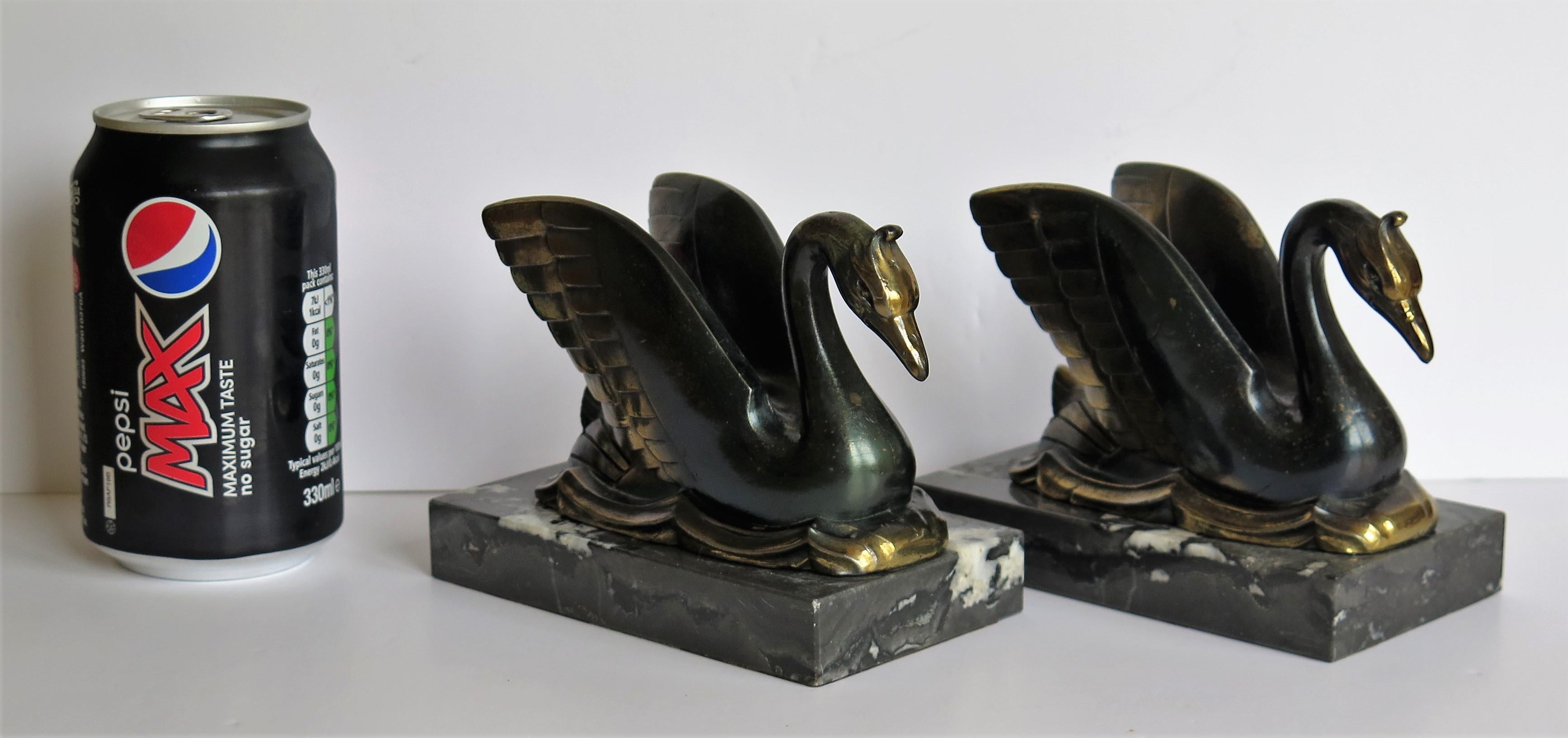 Art Deco Bookends Metal Cold Painted Swans on Marble Bases, French circa 1930 13