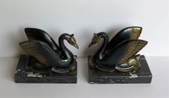 Art Deco Bookends Metal Cold Painted Swans on Marble Bases, French circa 1930