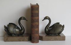 Art Deco Bookends Metal Cold Painted Swans on Marble Bases, French, circa 1930