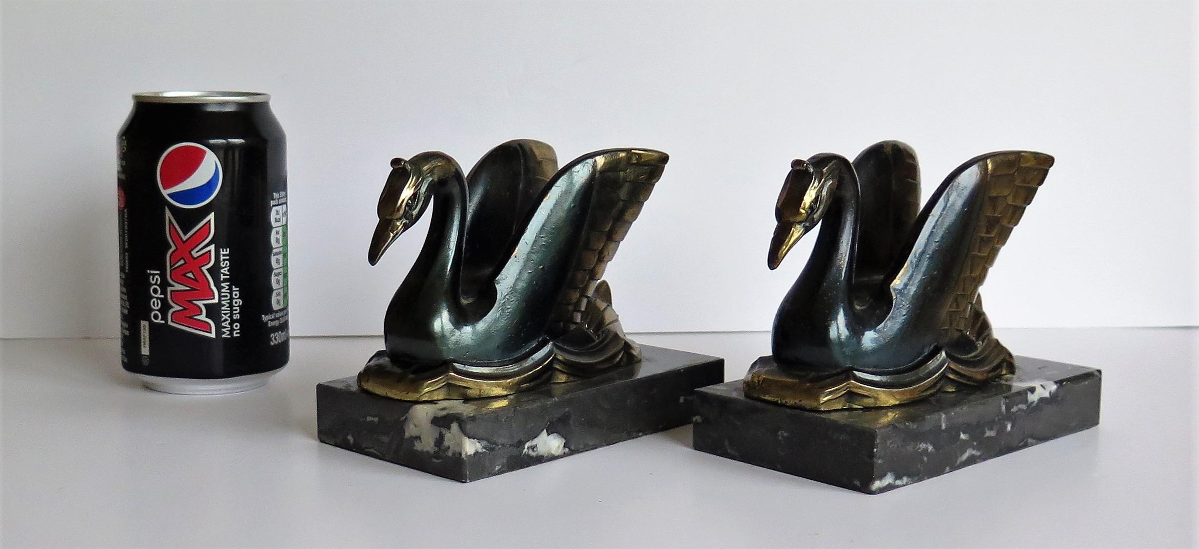 Art Deco Bookends Metal Cold Painted Swans on Marble Bases, French circa 1930 14