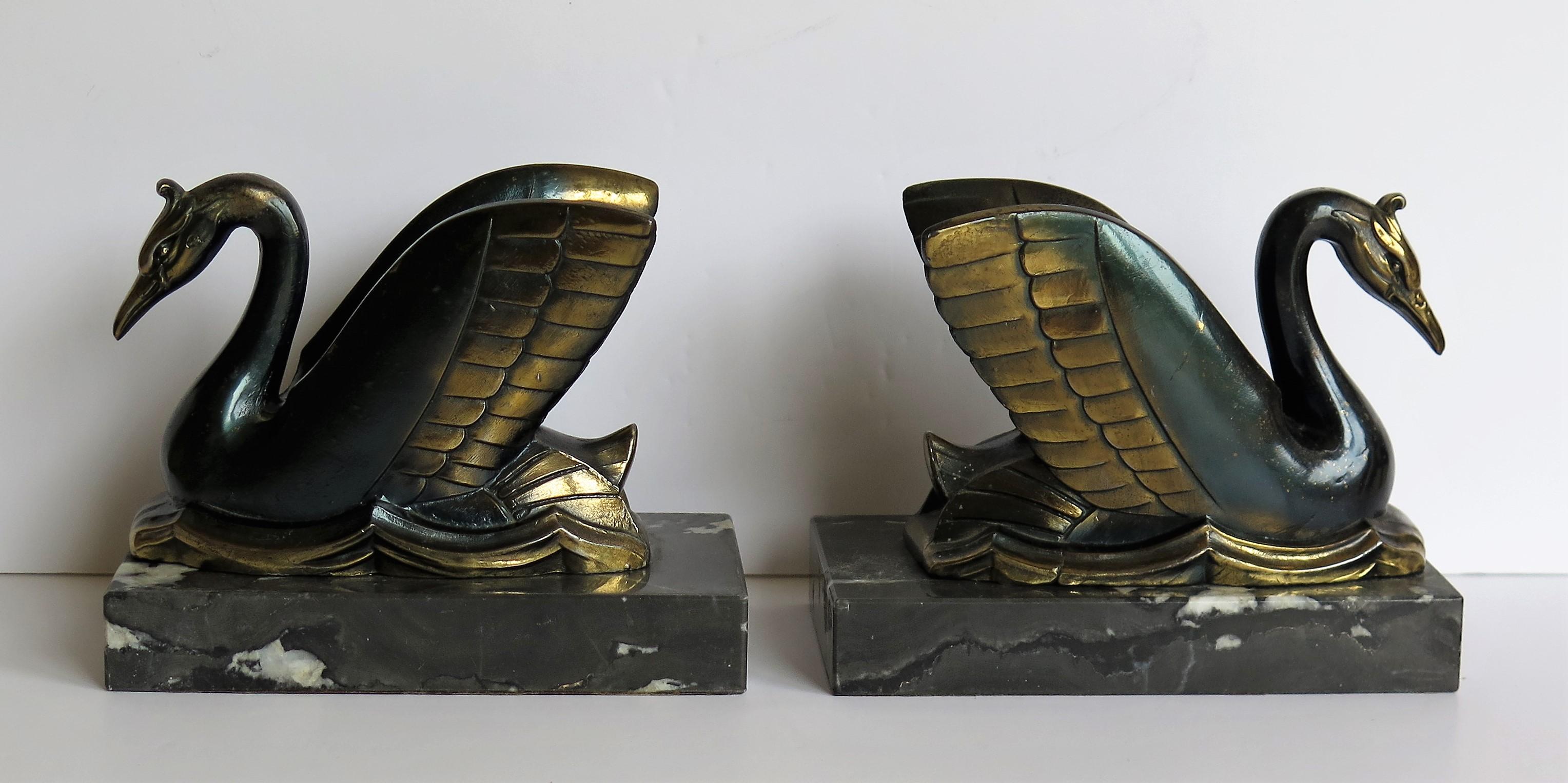 Cast Art Deco Bookends Metal Cold Painted Swans on Marble Bases, French circa 1930
