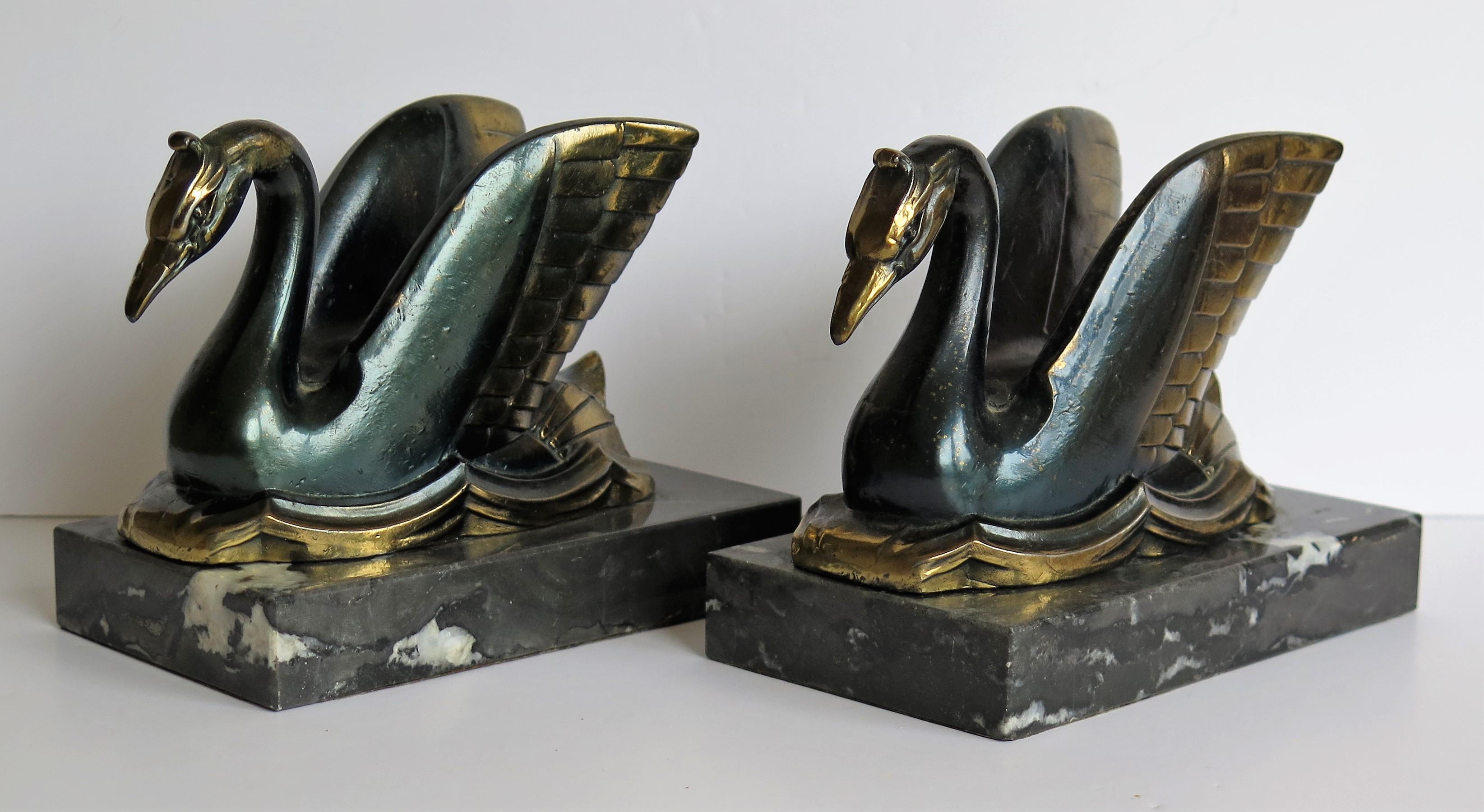 20th Century Art Deco Bookends Metal Cold Painted Swans on Marble Bases, French circa 1930