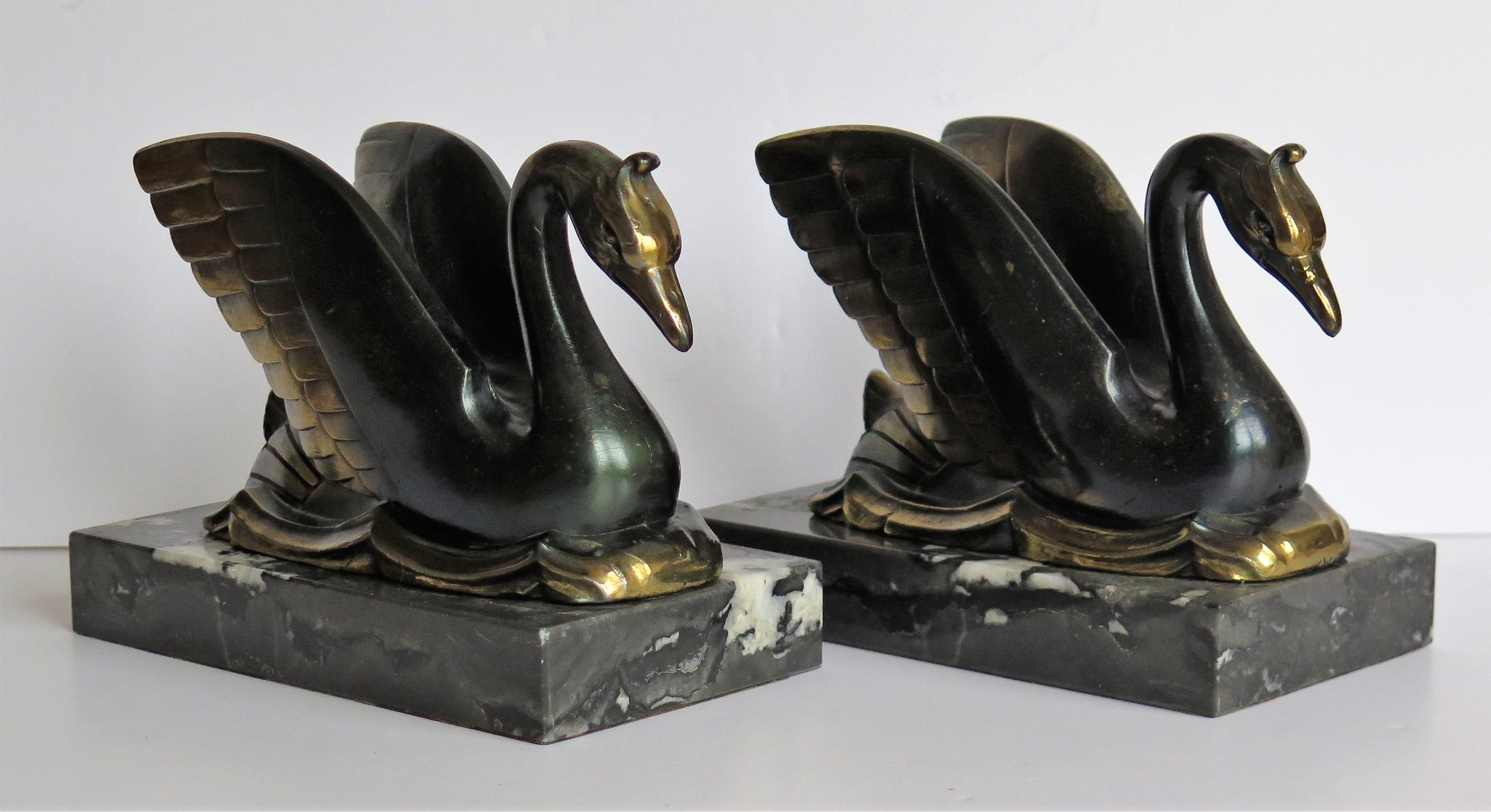 Art Deco Bookends Metal Cold Painted Swans on Marble Bases, French circa 1930 2