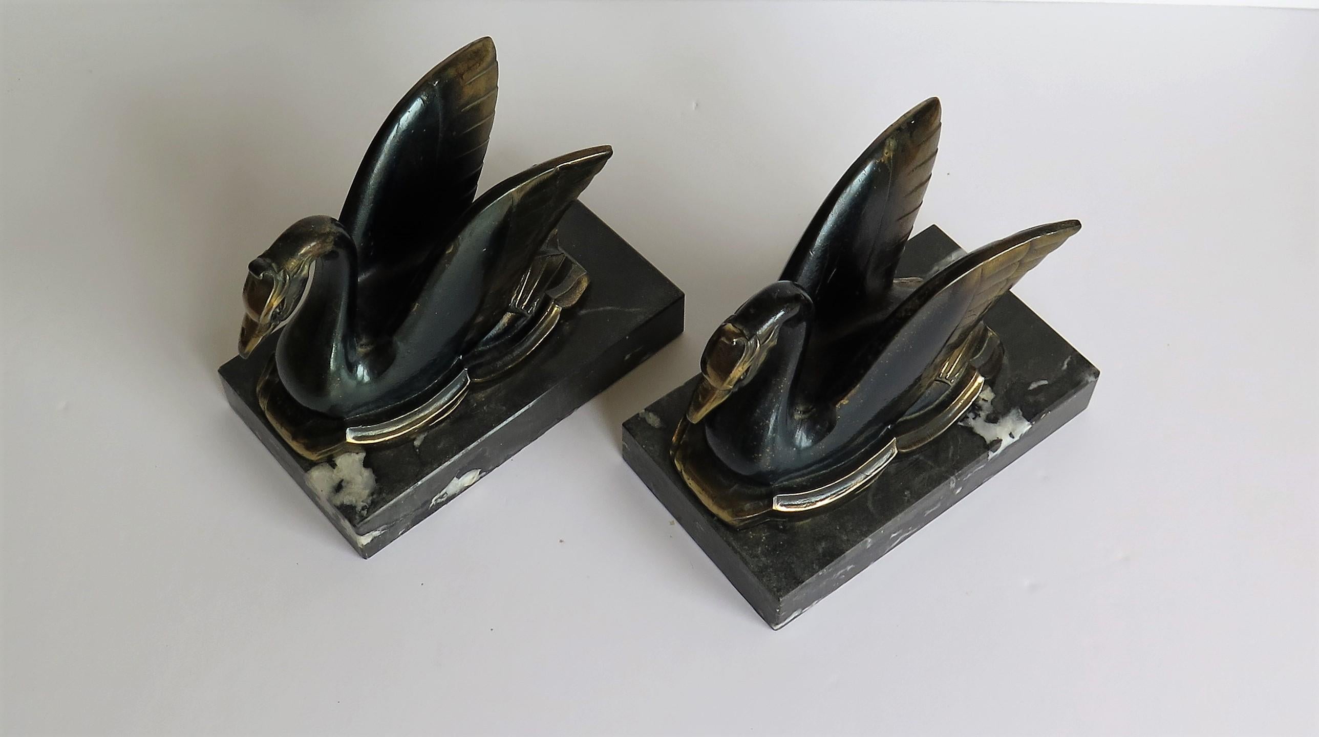 Art Deco Bookends Metal Cold Painted Swans on Marble Bases, French circa 1930 3