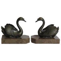 Art Deco Bookends Metal Cold Painted Swans on Marble Bases, French, circa 1930