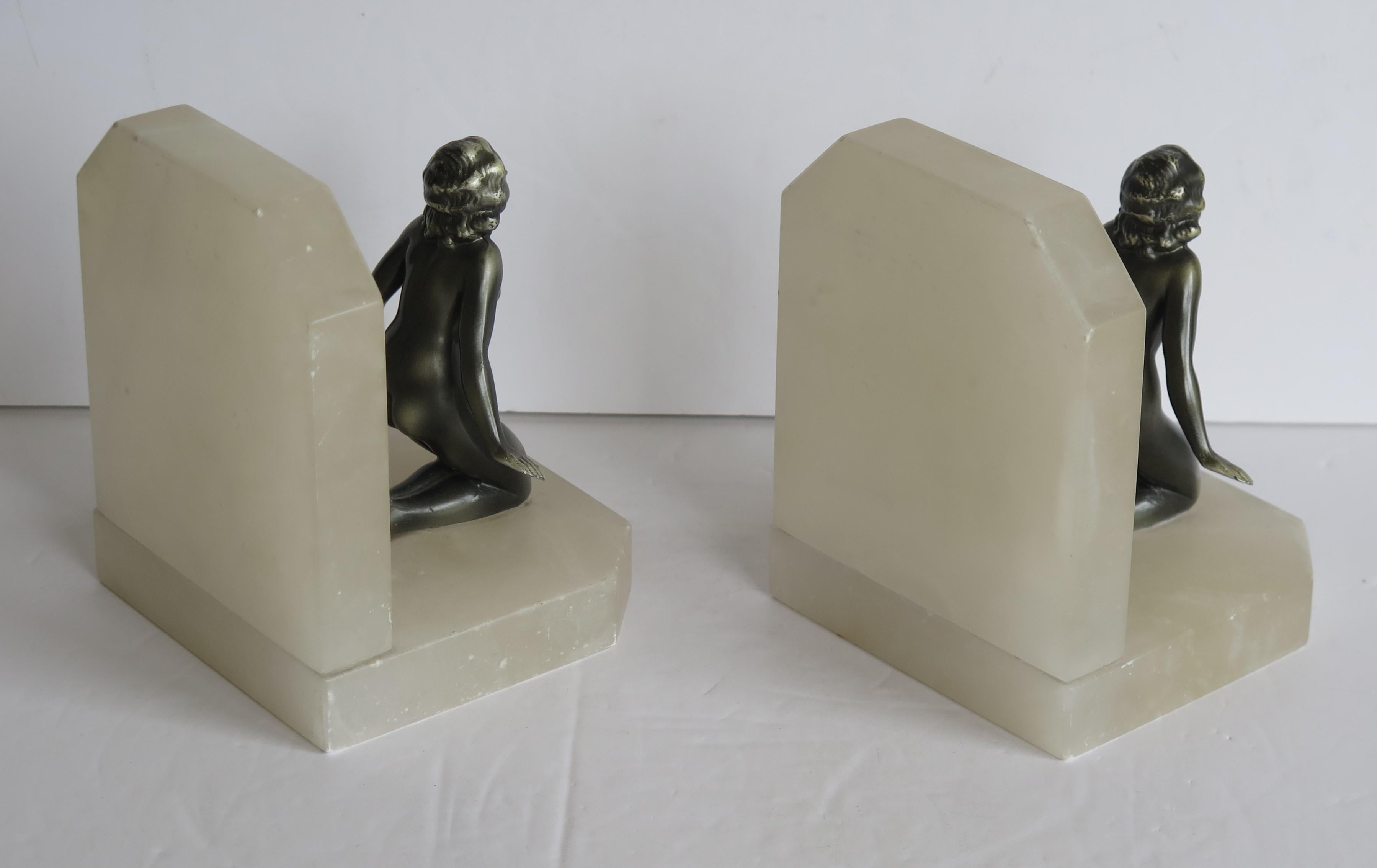 Art Deco Bookends Metal Lady Figures on Stone Bases, French, circa 1930 2