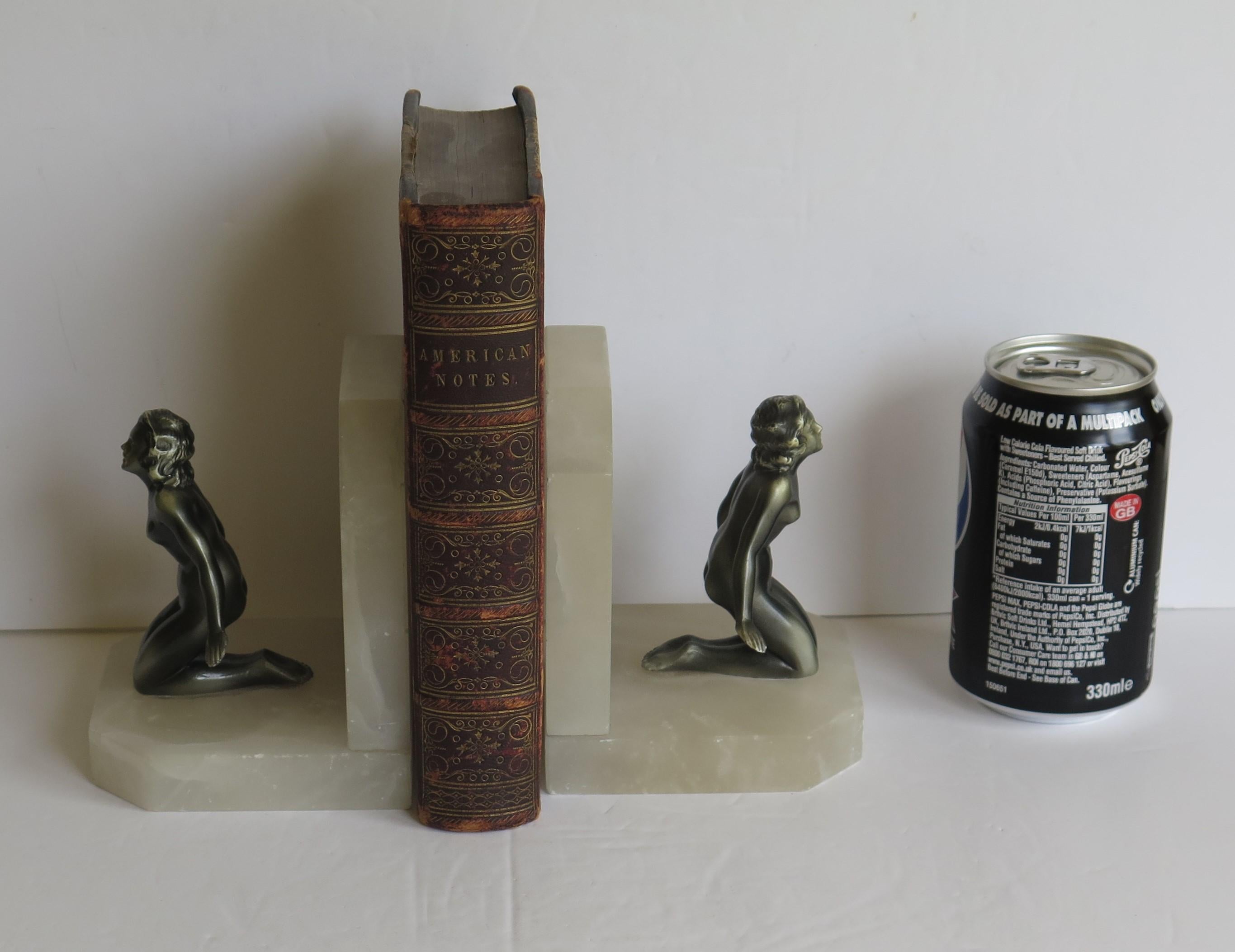 Art Deco Bookends Metal Lady Figures on Stone Bases, French, circa 1930 5
