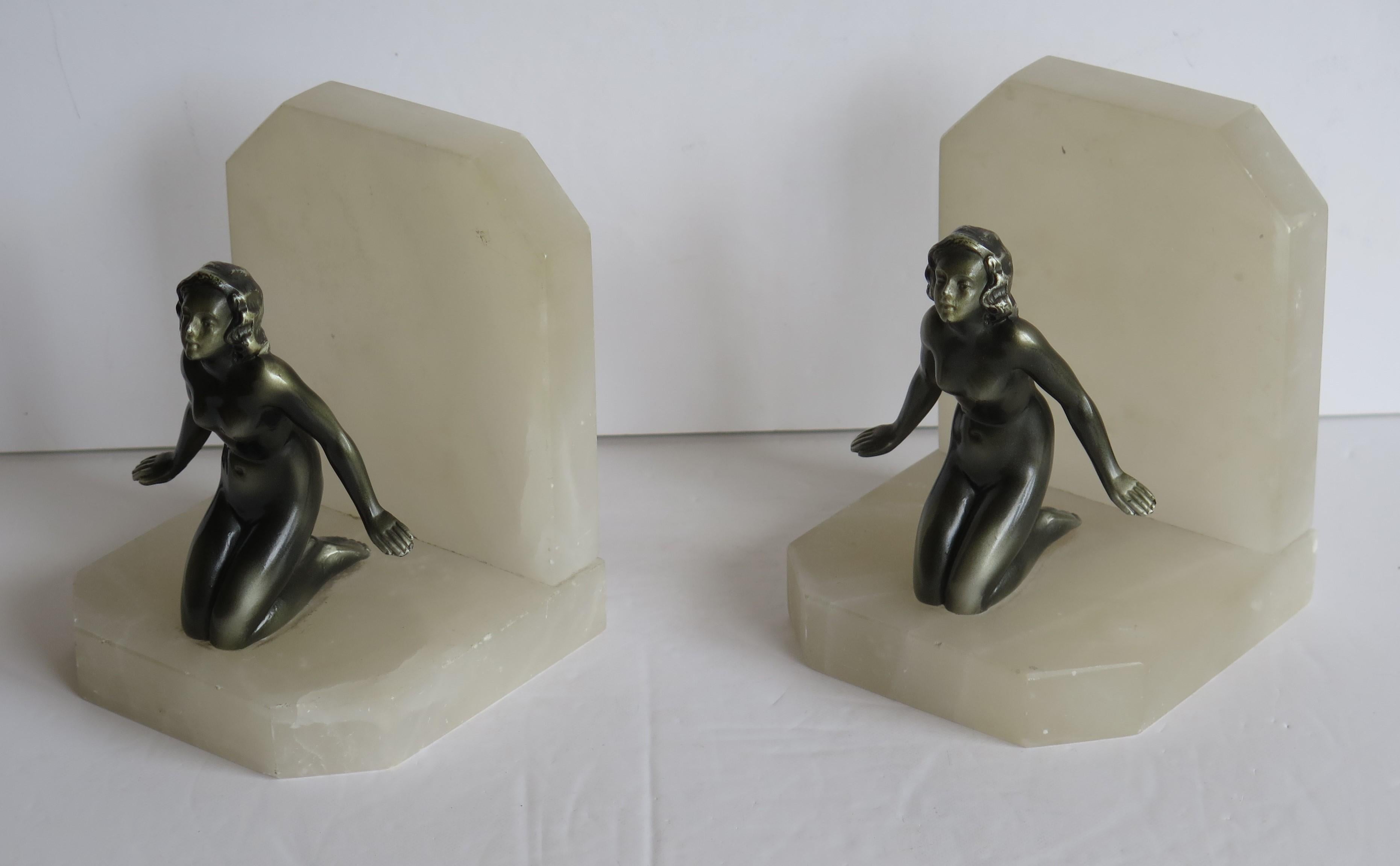 Art Deco Bookends Metal Lady Figures on Stone Bases, French, circa 1930 1