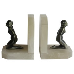 Art Deco Bookends Metal Lady Figures on Stone Bases, French, circa 1930