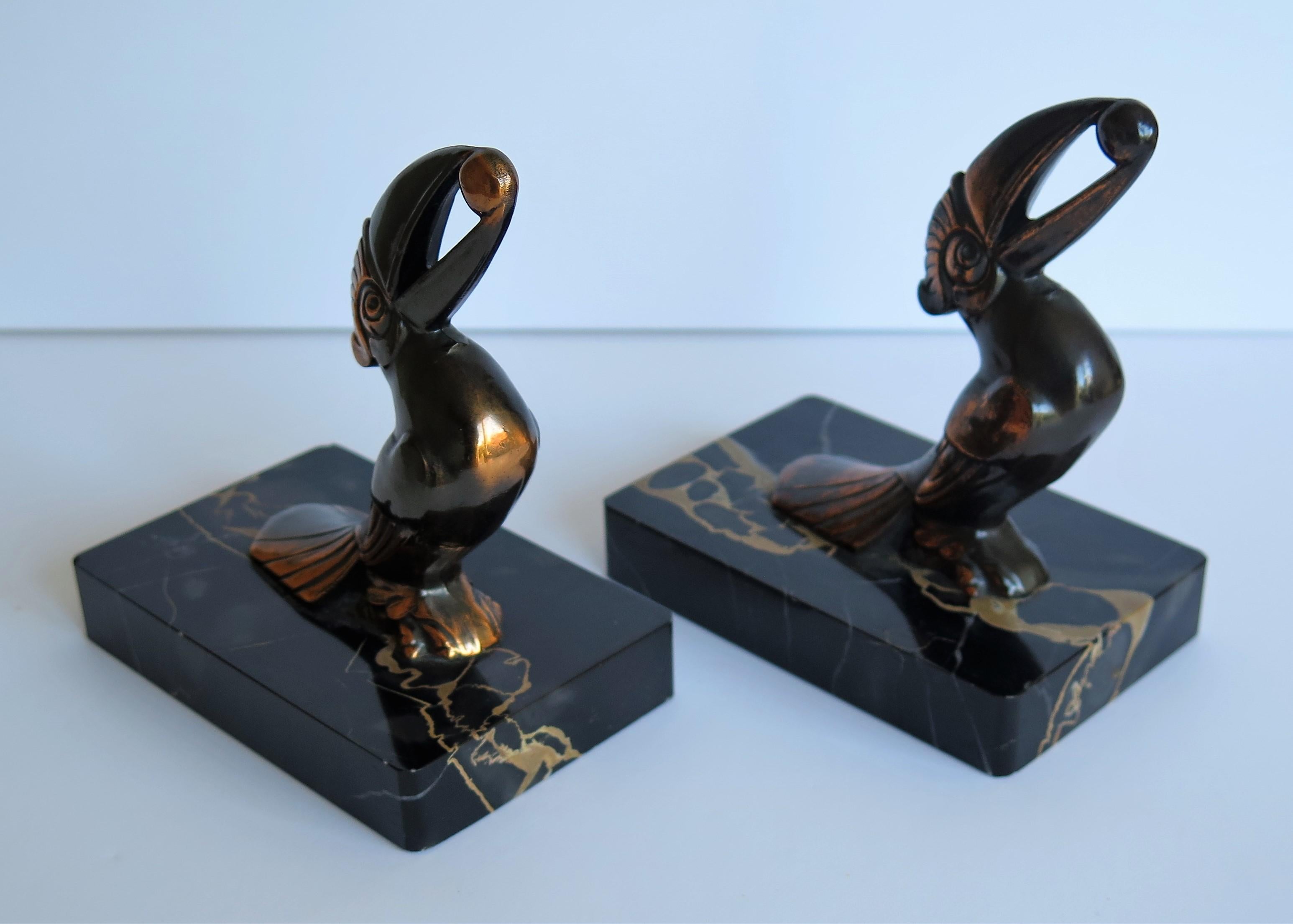Art Deco Bookends, Metal Toucans on Portoro Marble Bases, French, circa 1930 5