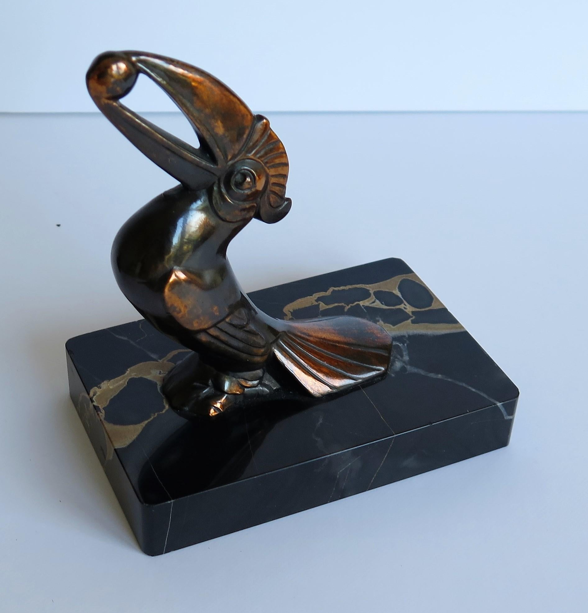 Art Deco Bookends, Metal Toucans on Portoro Marble Bases, French, circa 1930 6
