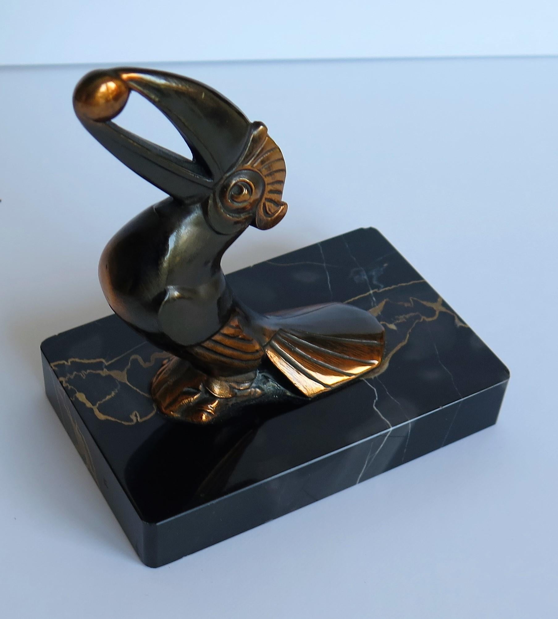 Art Deco Bookends, Metal Toucans on Portoro Marble Bases, French, circa 1930 7