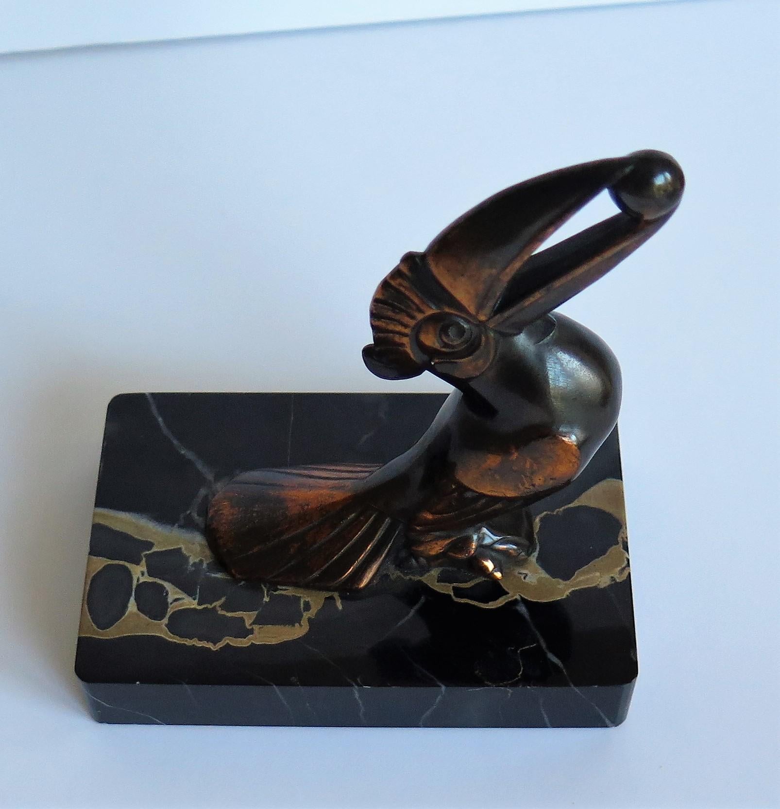 Art Deco Bookends, Metal Toucans on Portoro Marble Bases, French, circa 1930 11