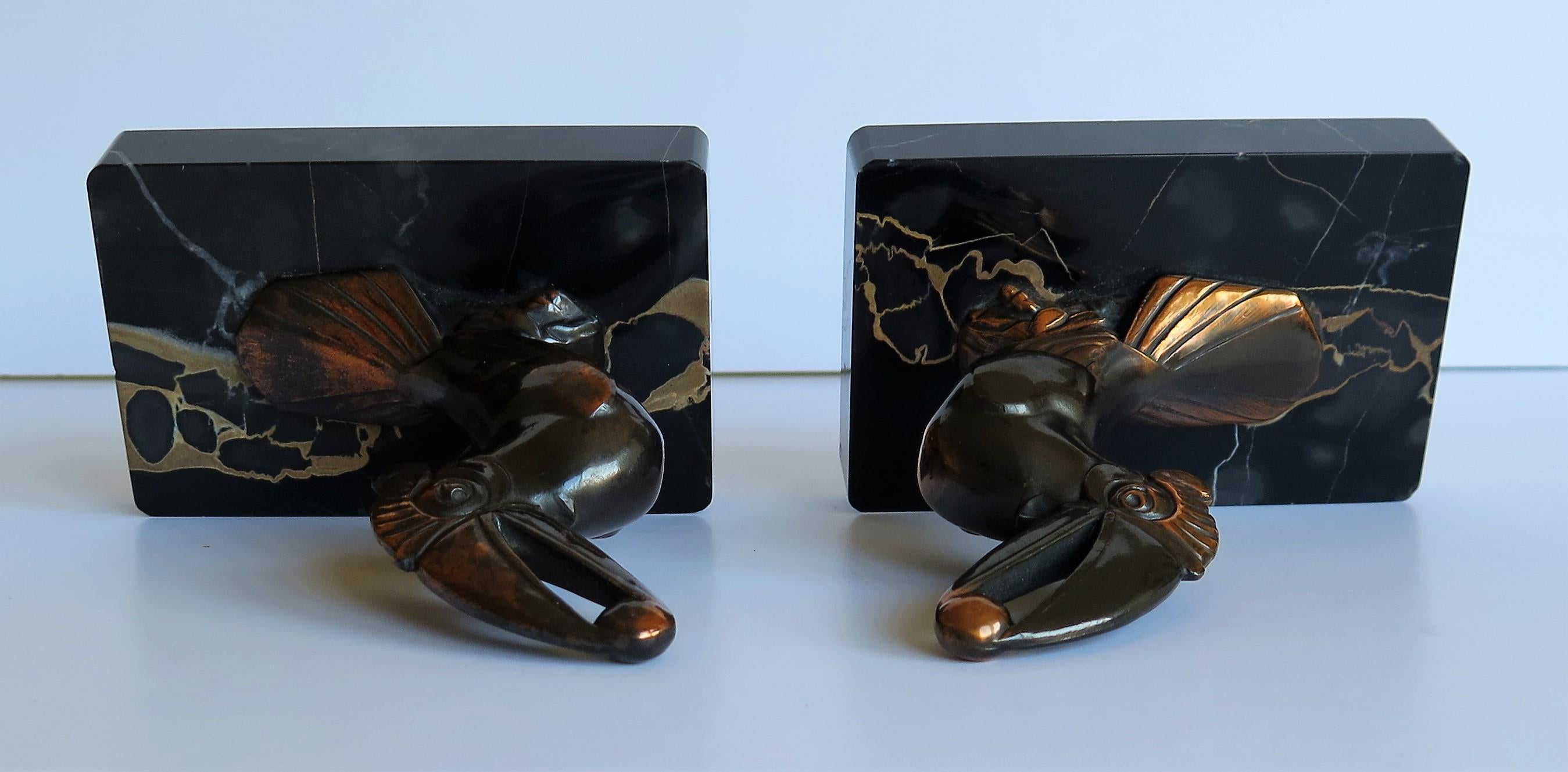 Art Deco Bookends, Metal Toucans on Portoro Marble Bases, French, circa 1930 13