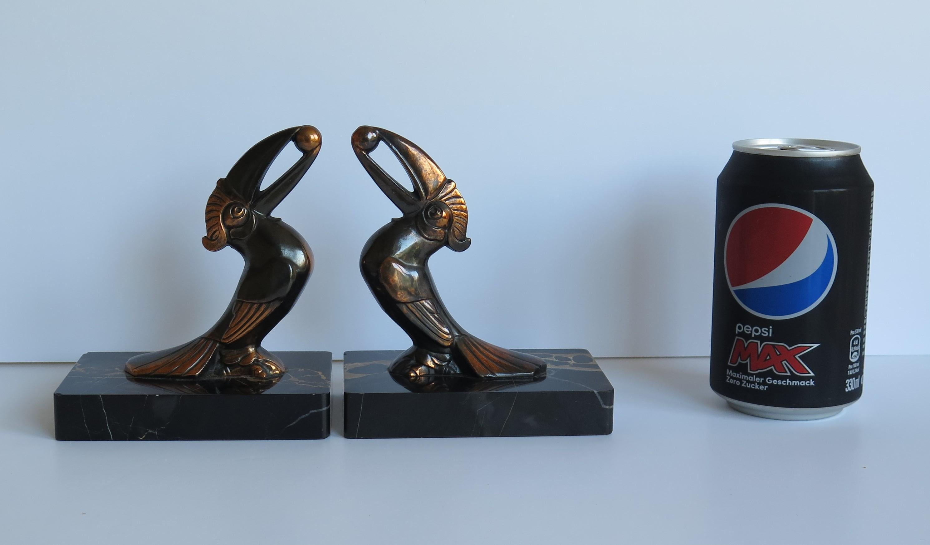 Art Deco Bookends, Metal Toucans on Portoro Marble Bases, French, circa 1930 14