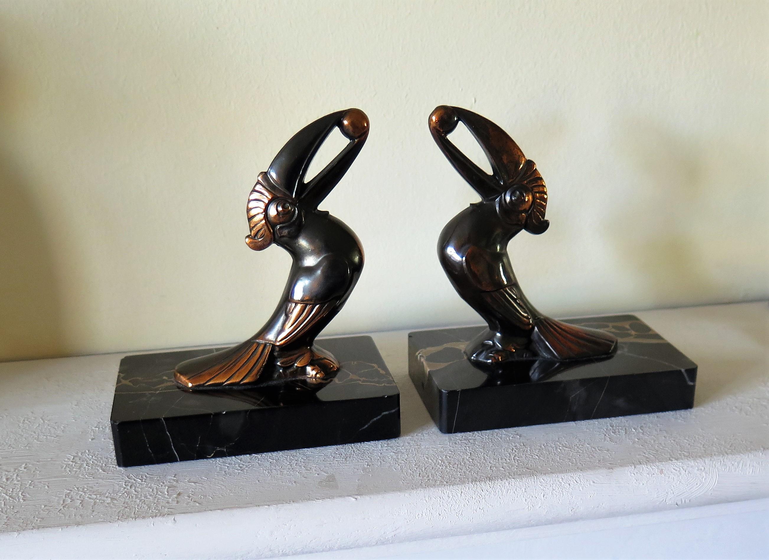 Polished Art Deco Bookends, Metal Toucans on Portoro Marble Bases, French, circa 1930