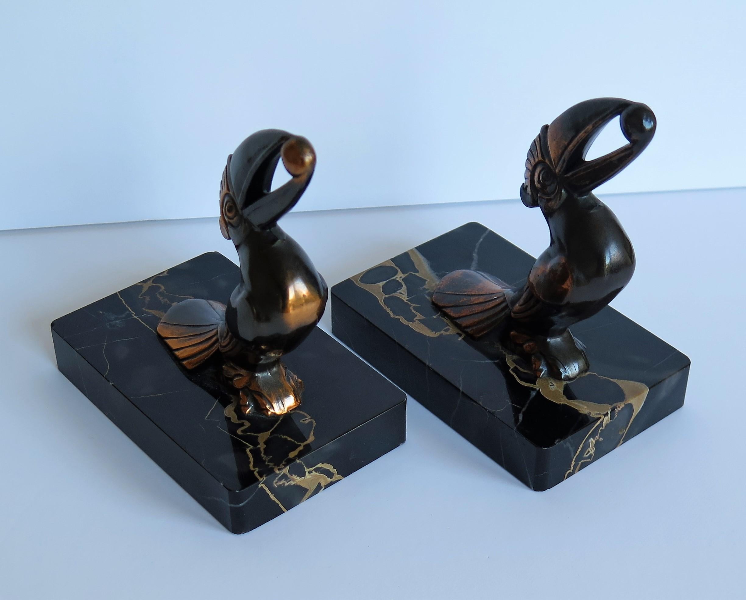 20th Century Art Deco Bookends, Metal Toucans on Portoro Marble Bases, French, circa 1930