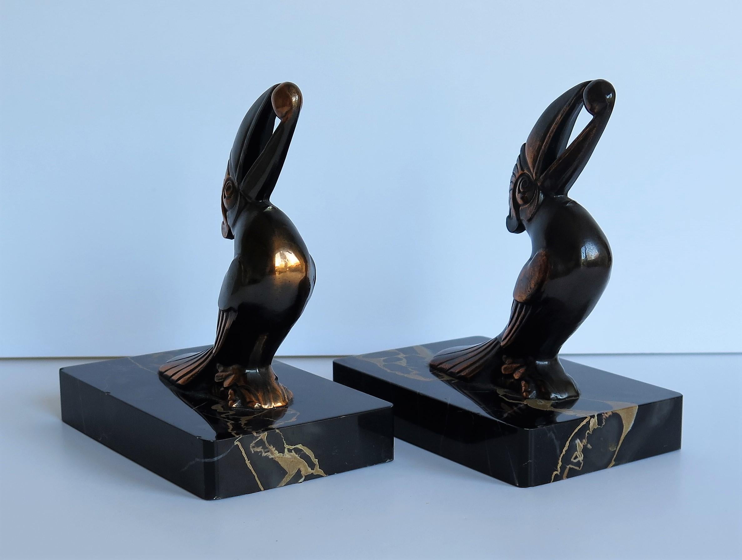 Art Deco Bookends, Metal Toucans on Portoro Marble Bases, French, circa 1930 1