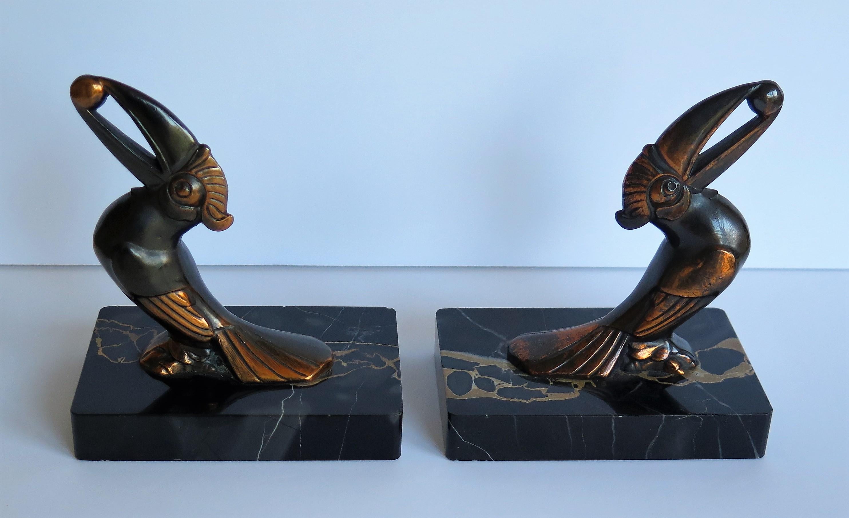 Art Deco Bookends, Metal Toucans on Portoro Marble Bases, French, circa 1930 2
