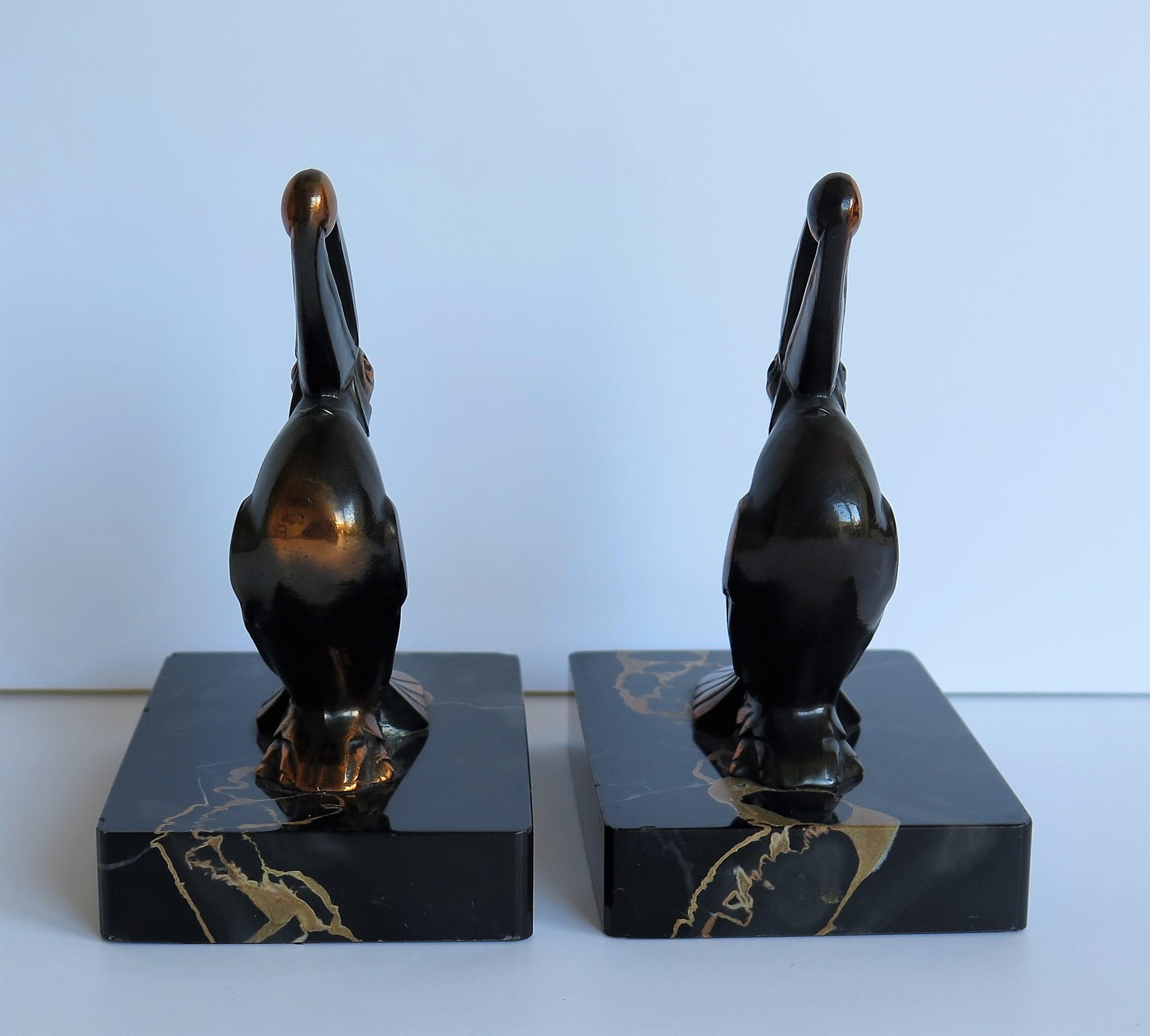 Art Deco Bookends, Metal Toucans on Portoro Marble Bases, French, circa 1930 3