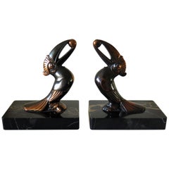 Art Deco Bookends, Metal Toucans on Portoro Marble Bases, French, circa 1930