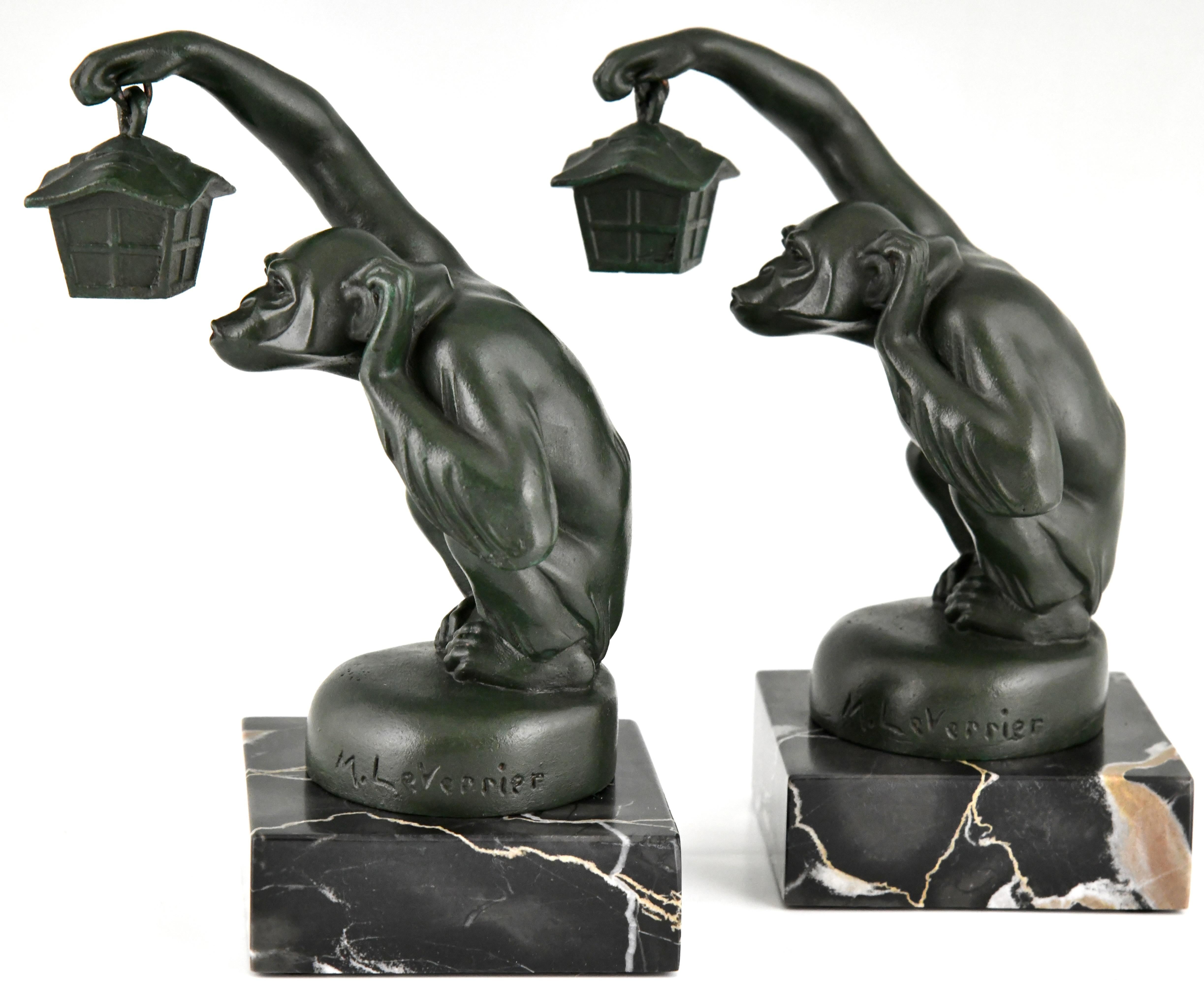 Art Deco Bookends Monkey with Lantern by Max Le Verrier 1925 For Sale 3