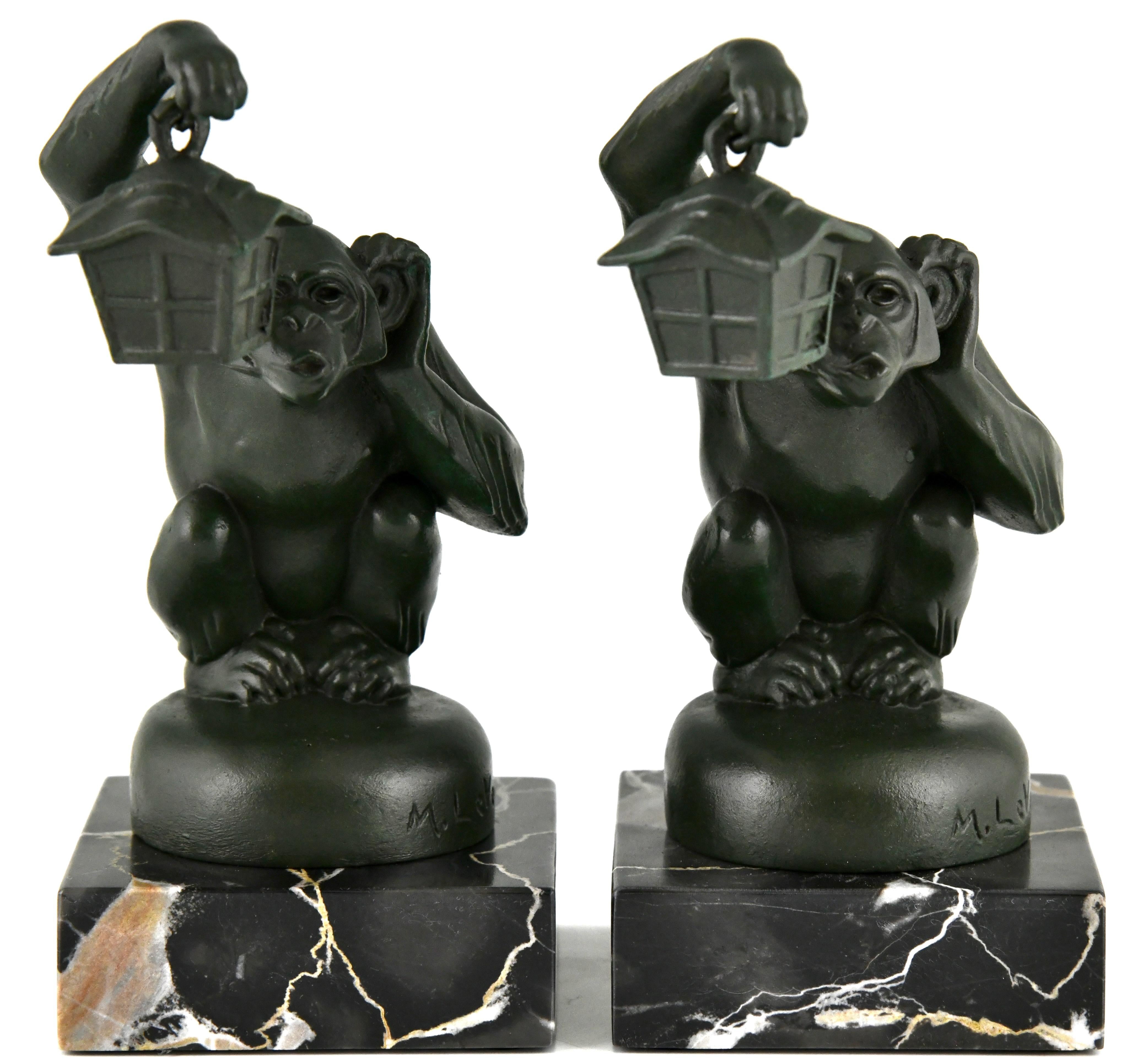 French Art Deco Bookends Monkey with Lantern by Max Le Verrier 1925 For Sale